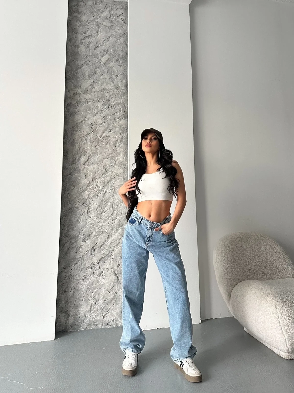 Baggy kar yıkama orta mavi jeans pantolon