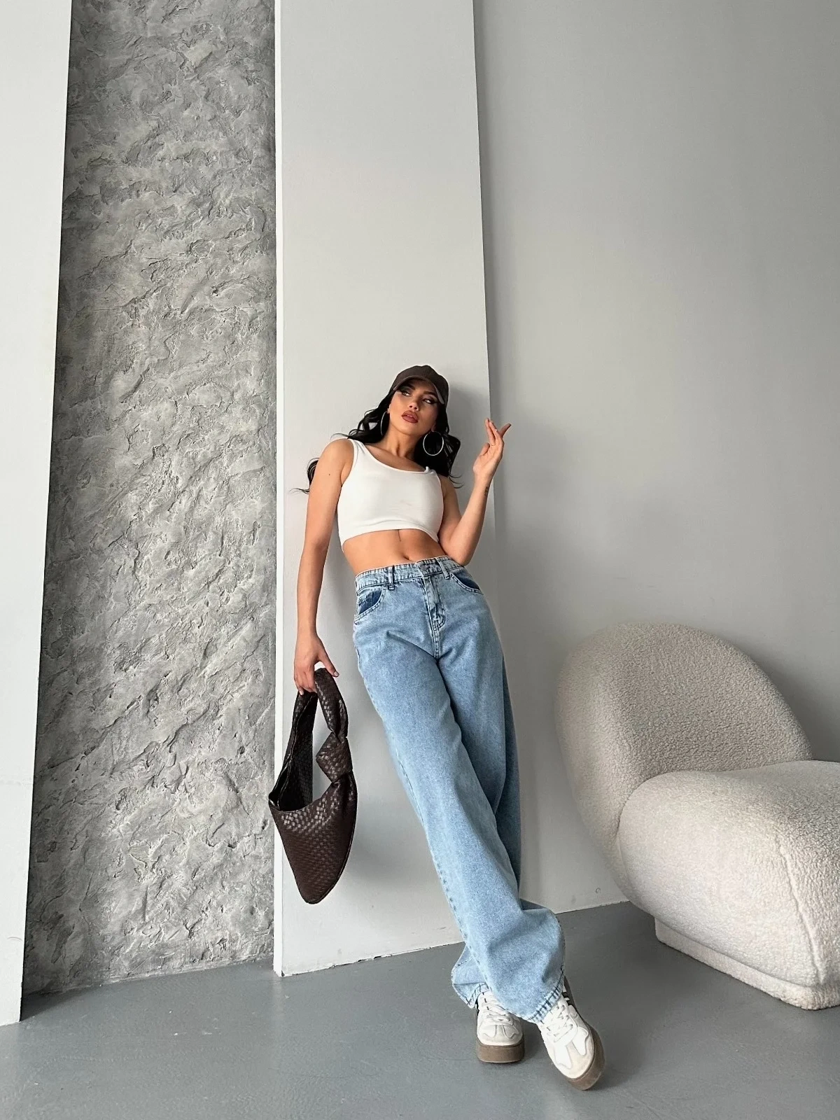 Baggy kar yıkama orta mavi jeans pantolon