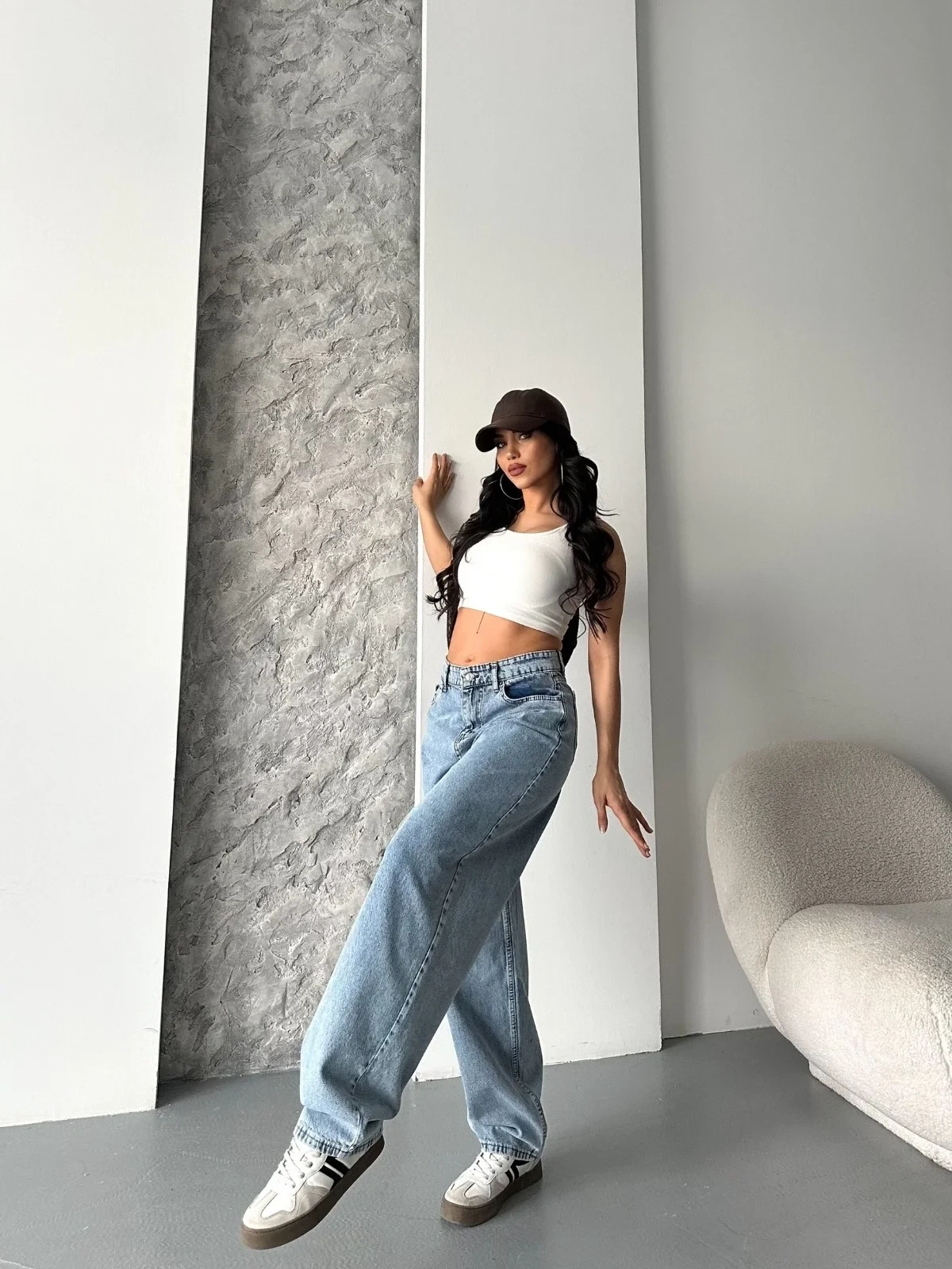 Baggy kar yıkama orta mavi jeans pantolon d2007