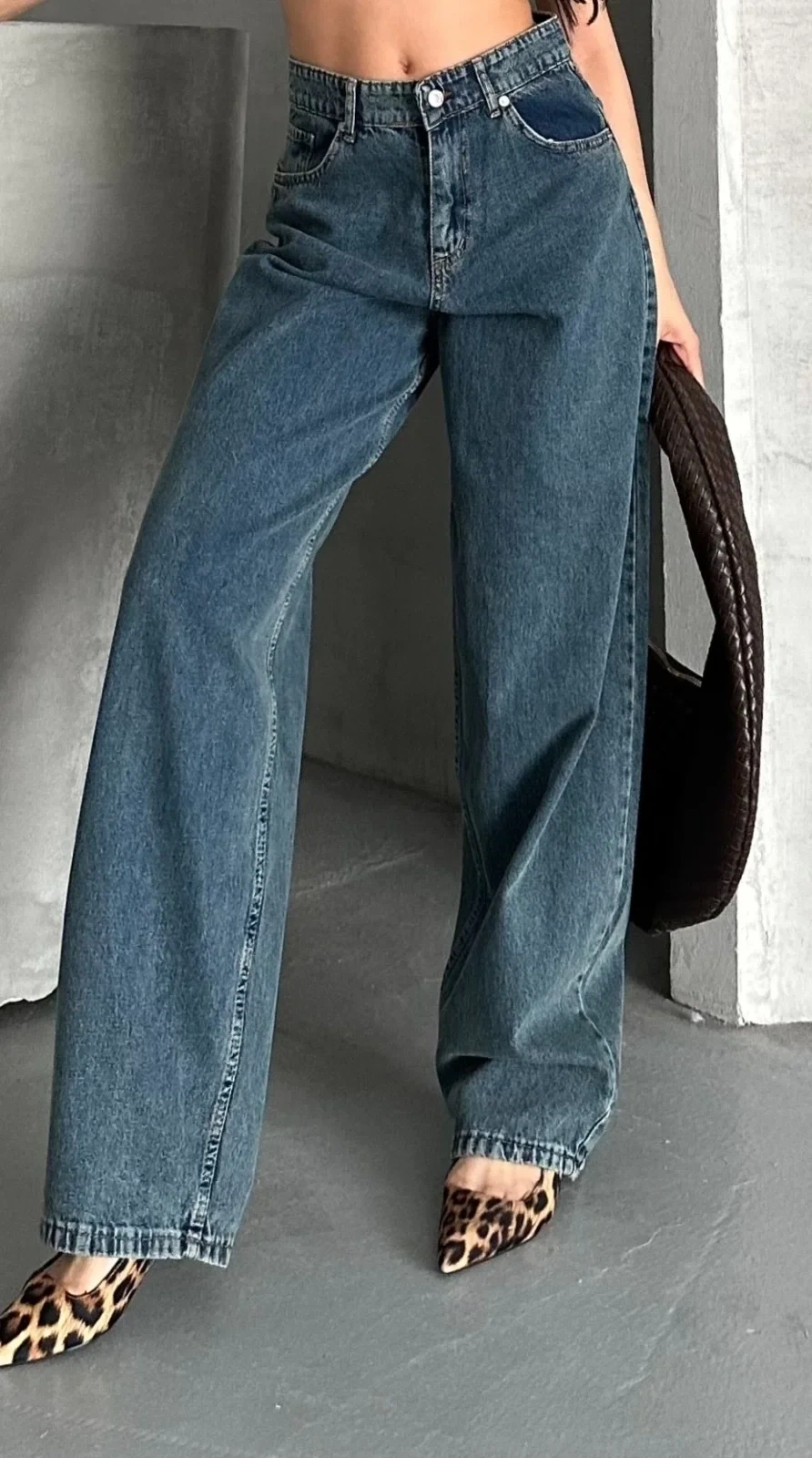 Baggy kar yıkama yeşil tint jeans pantolon