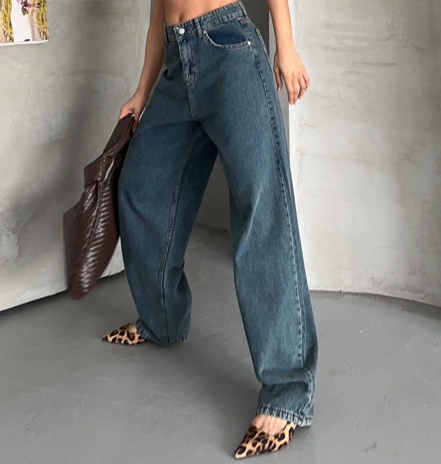 Baggy kar yıkama yeşil tint jeans pantolon