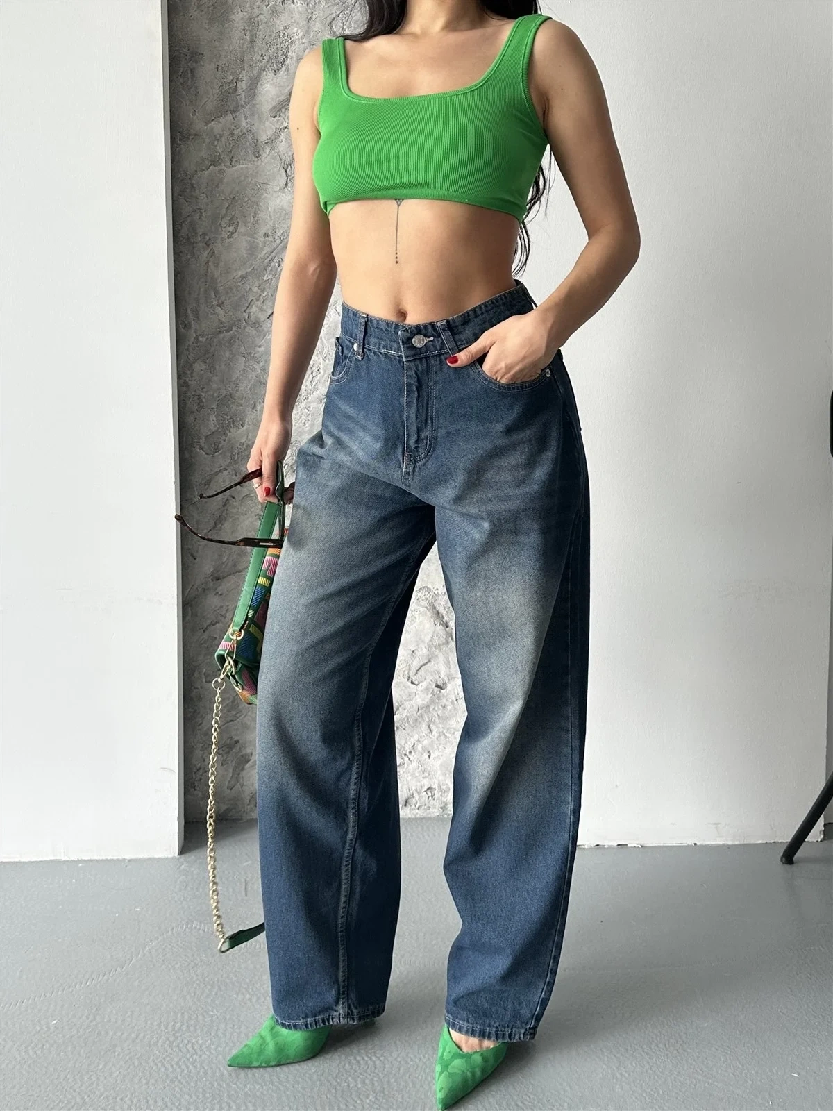 Baggy süper taş bıyık yıkama kahve tint jeans pantolon