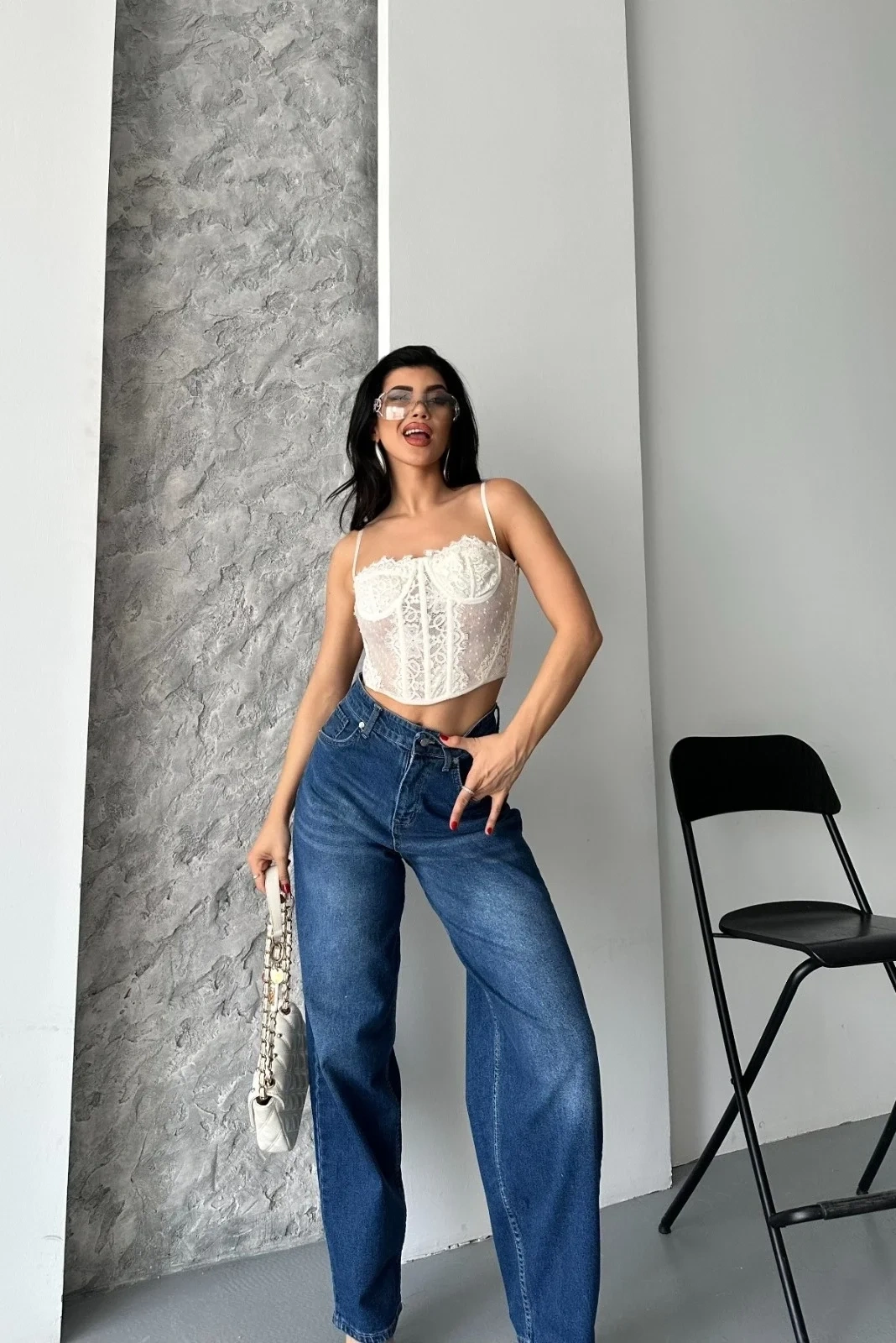 Baggy süper taş bıyık yıkama koyu mavi jeans pantolon