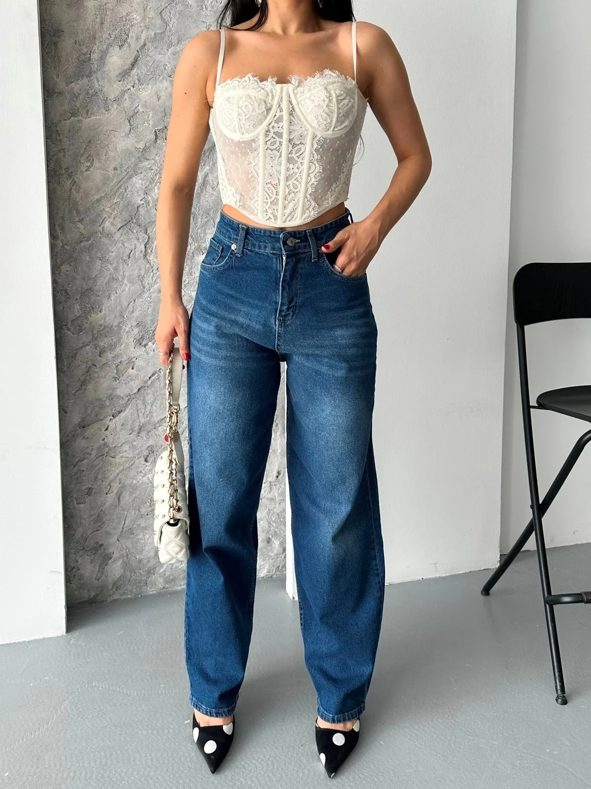 Baggy süper taş bıyık yıkama koyu mavi jeans pantolon