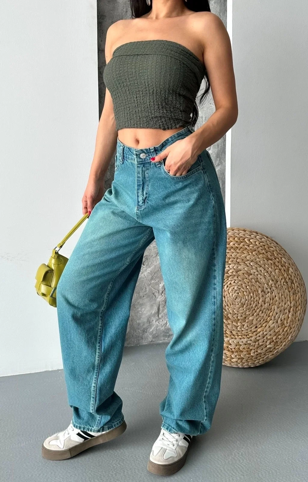 Baggy taş enzim bıyık yıkama jeans pantolon yeşil tint