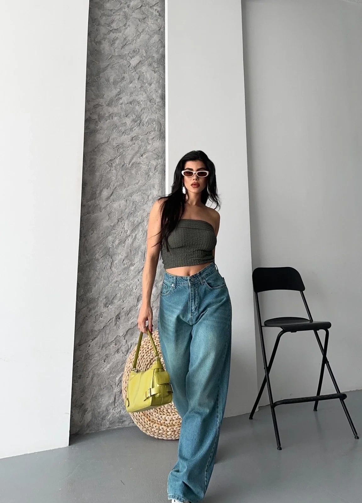 Baggy taş enzim bıyık yıkama jeans pantolon yeşil tint