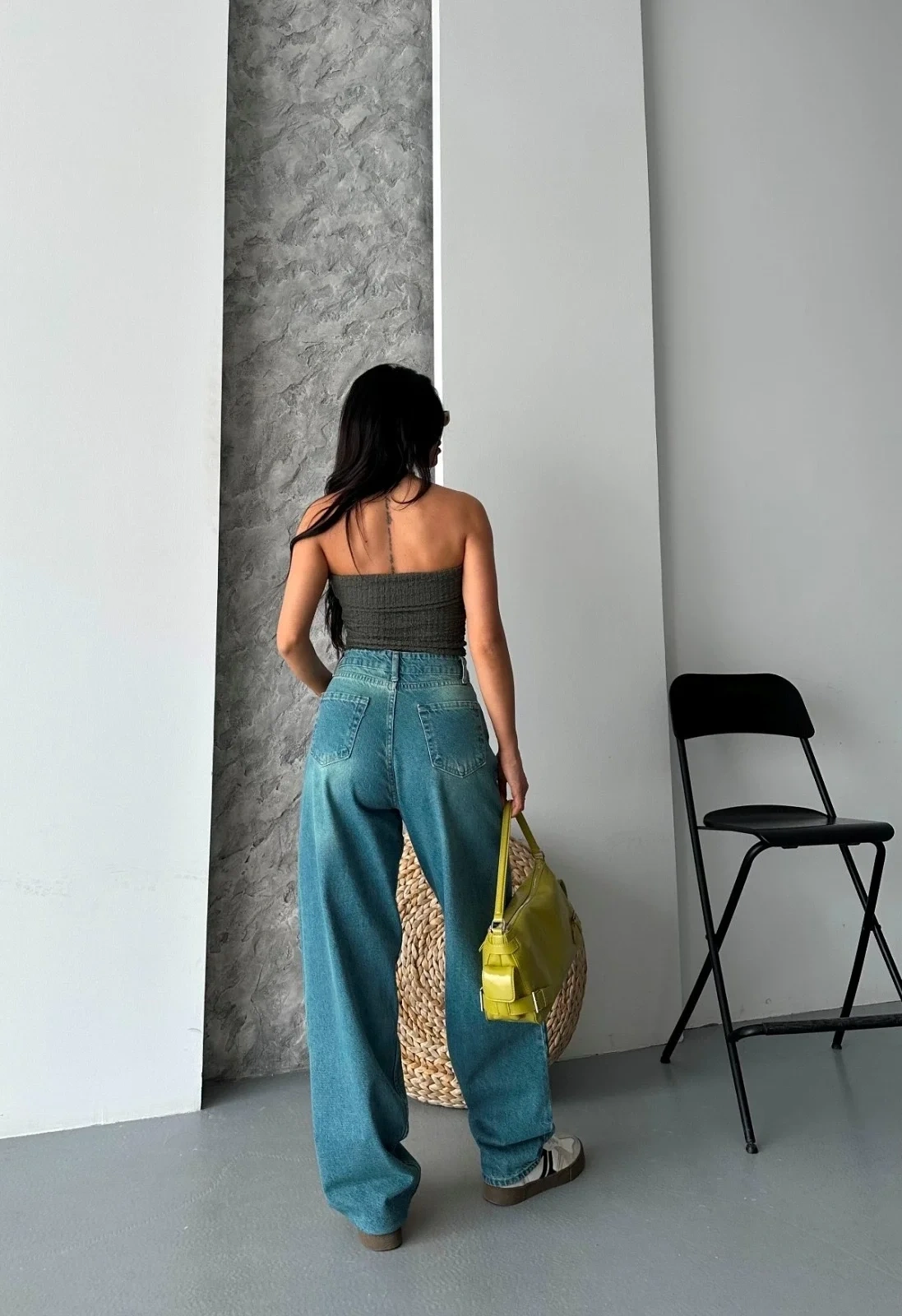 Baggy taş enzim bıyık yıkama jeans pantolon yeşil tint