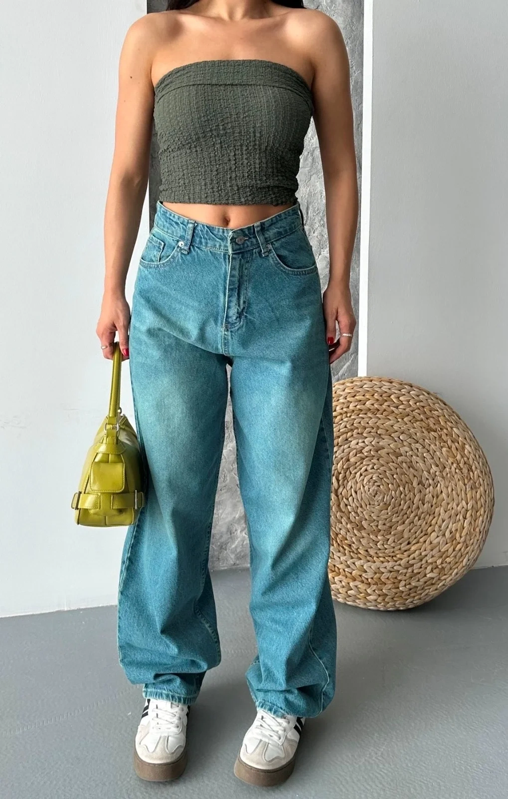 Baggy taş enzim bıyık yıkama jeans pantolon yeşil tint