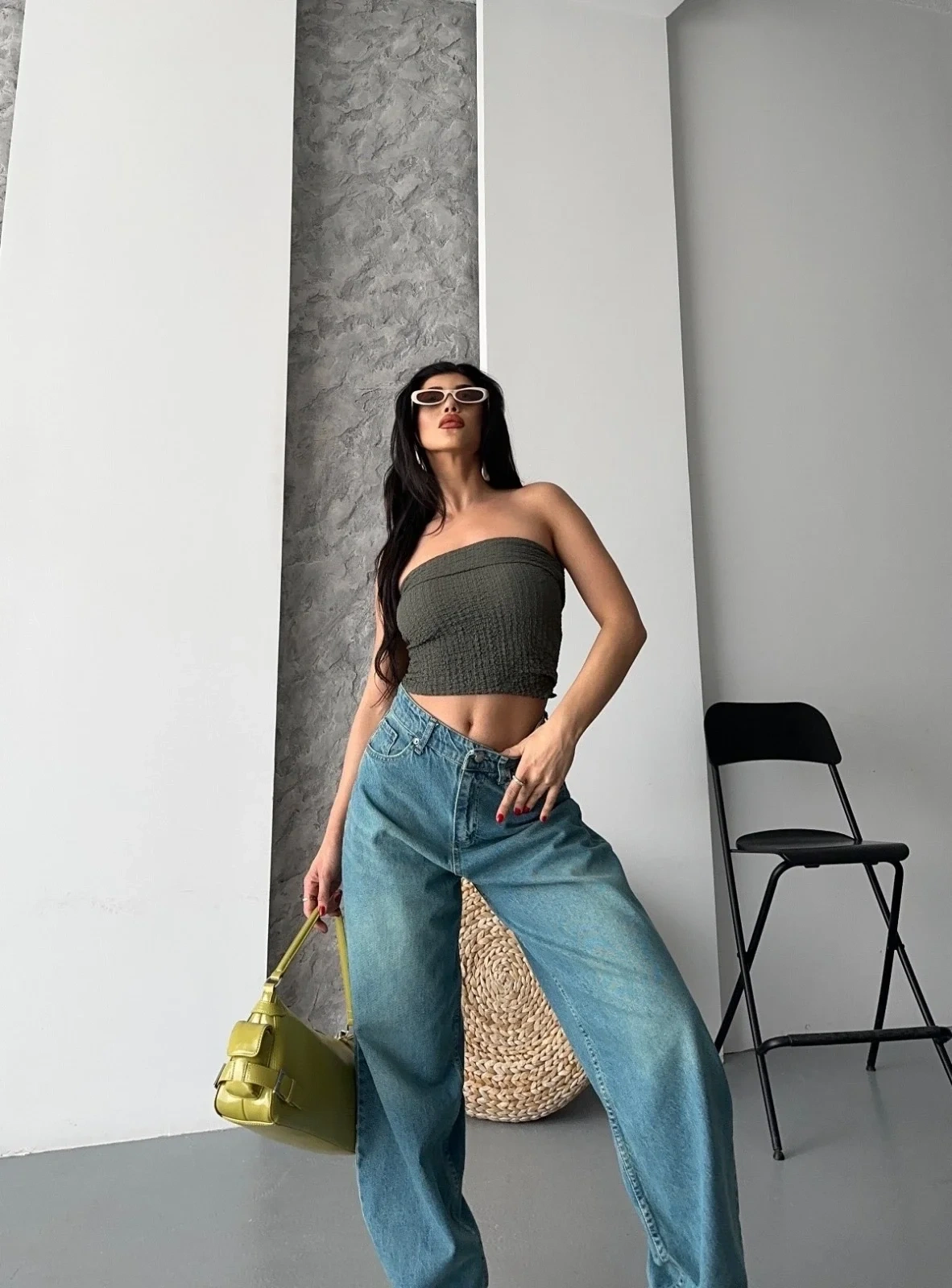 Baggy taş enzim bıyık yıkama jeans pantolon yeşil tint