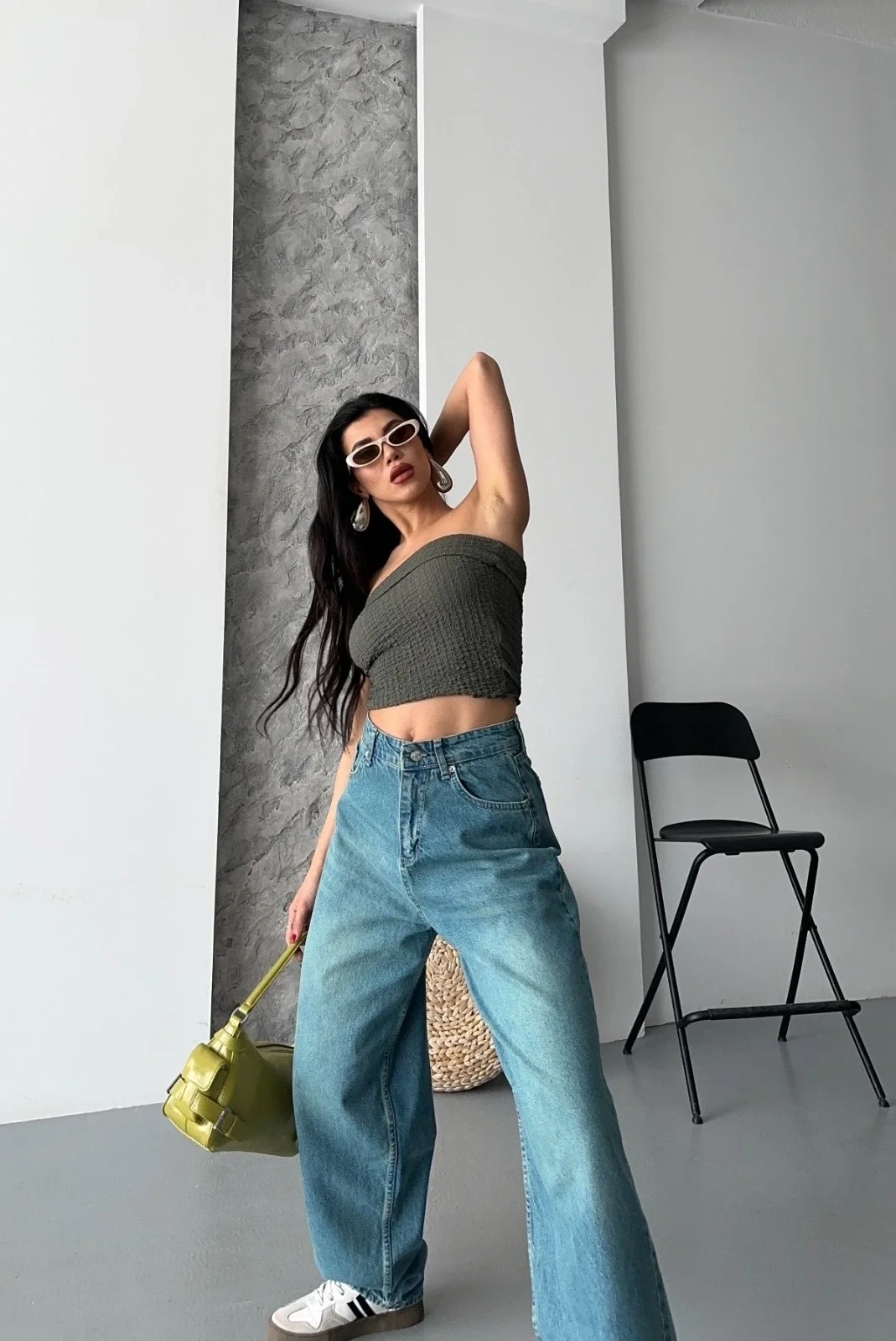 Baggy taş enzim bıyık yıkama jeans pantolon yeşil tint