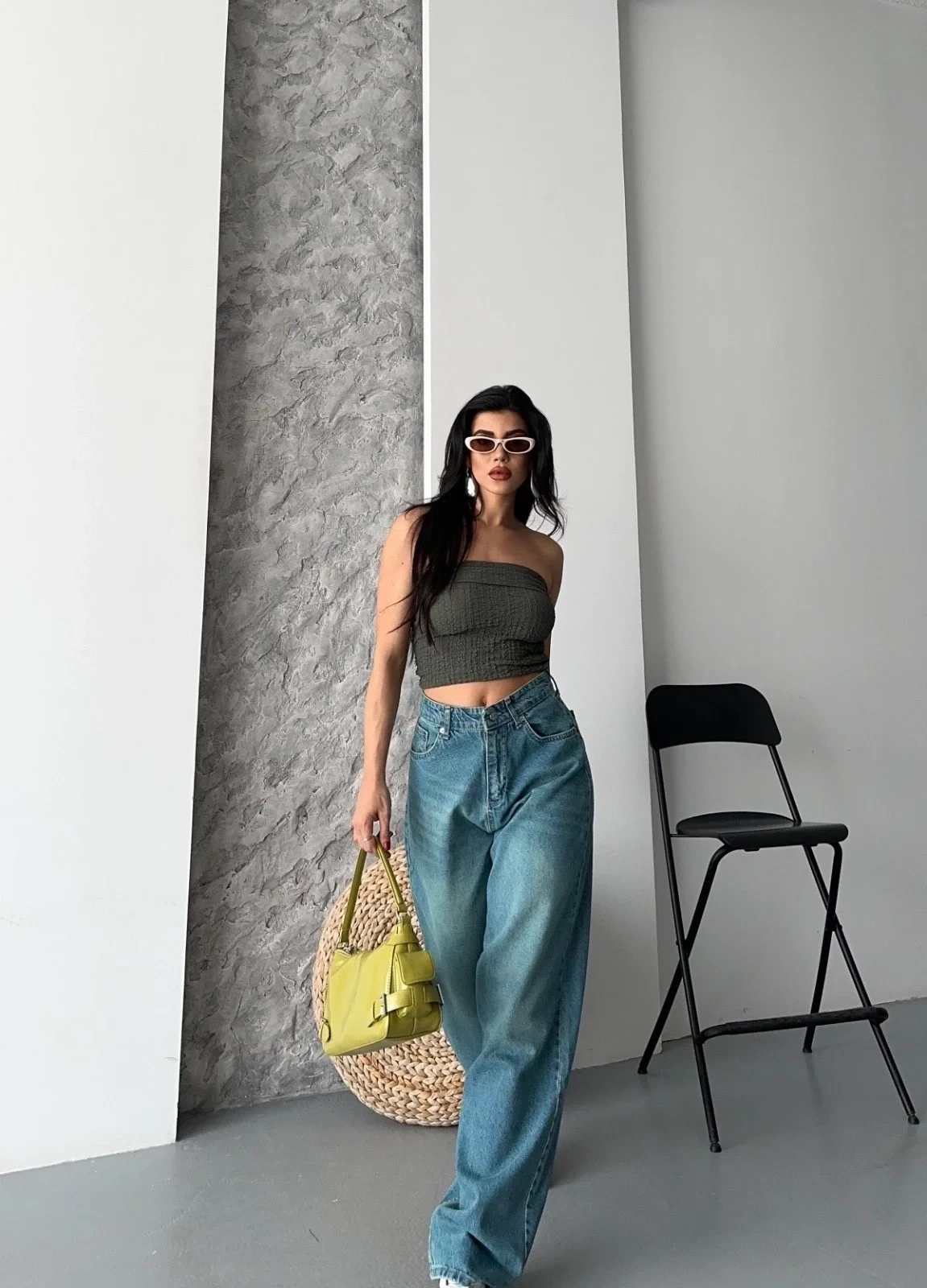 Baggy taş enzim bıyık yıkama jeans pantolon yeşil tint d2007