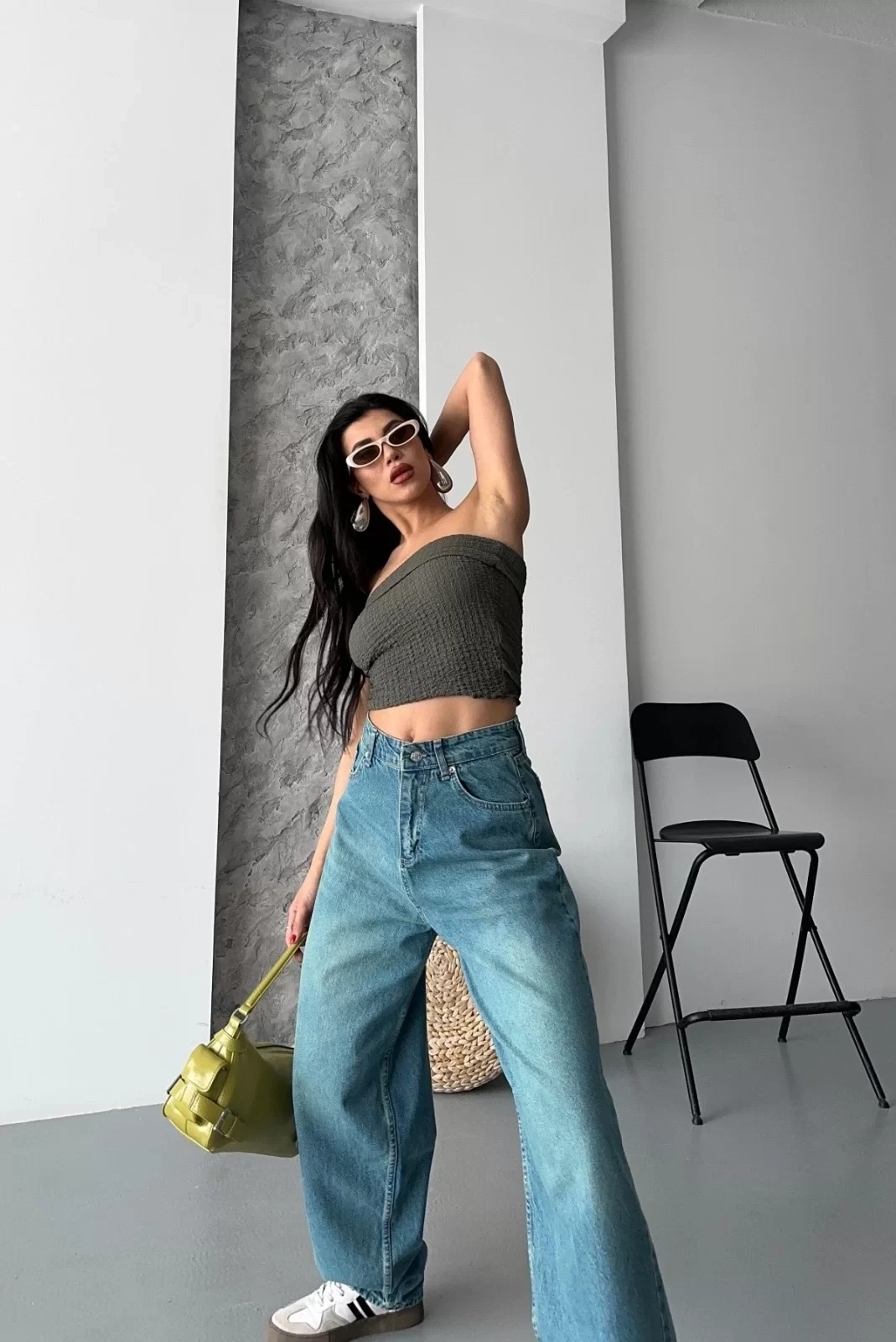 Baggy taş enzim bıyık yıkama jeans pantolon yeşil tint d2007