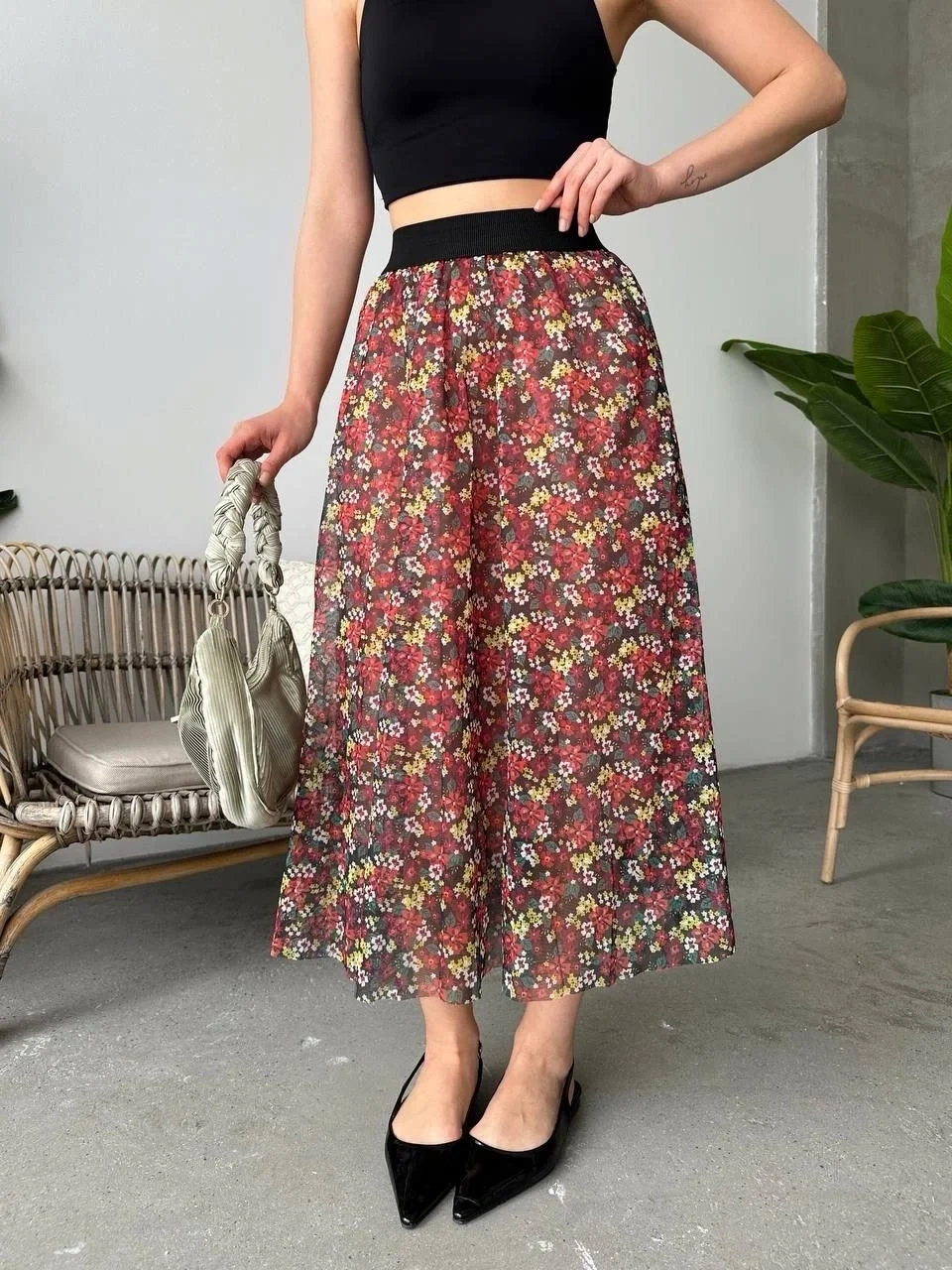 Baskılı astarlı uzun etek