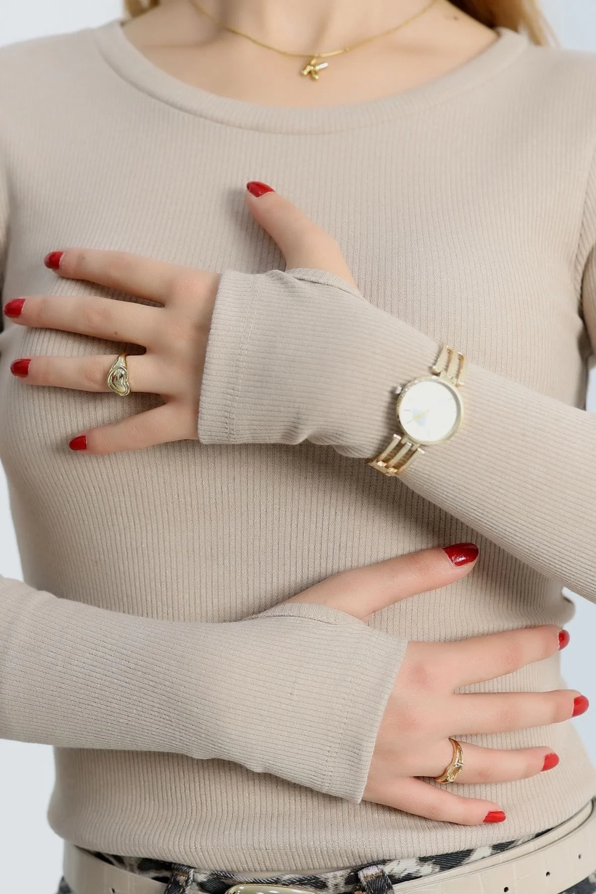 Bisiklet Yaka Parmak Geçmeli Kaşkorse bluz bej