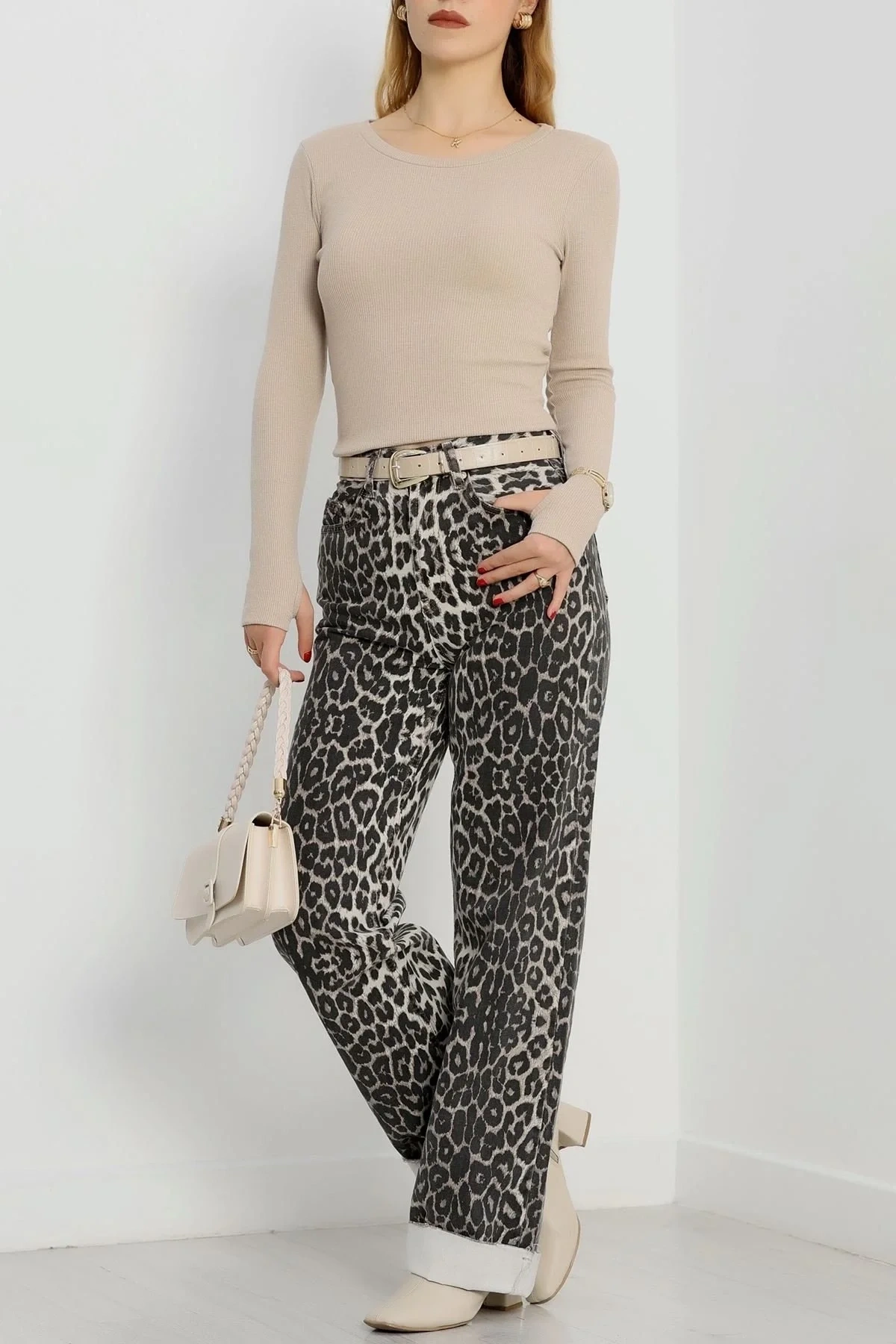 Bisiklet Yaka Parmak Geçmeli Kaşkorse bluz bej a3829