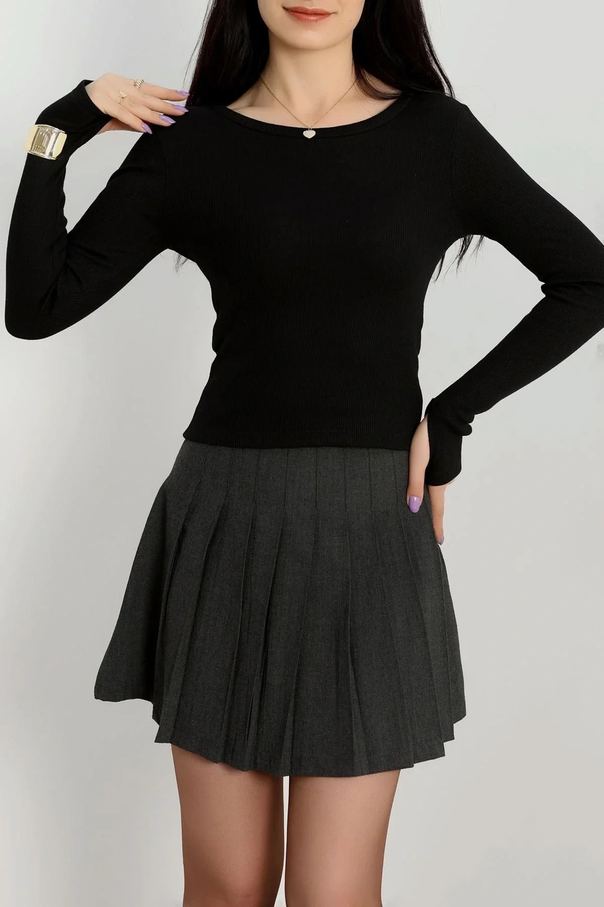 Bisiklet Yaka Parmak Geçmeli Kaşkorse bluz siyah