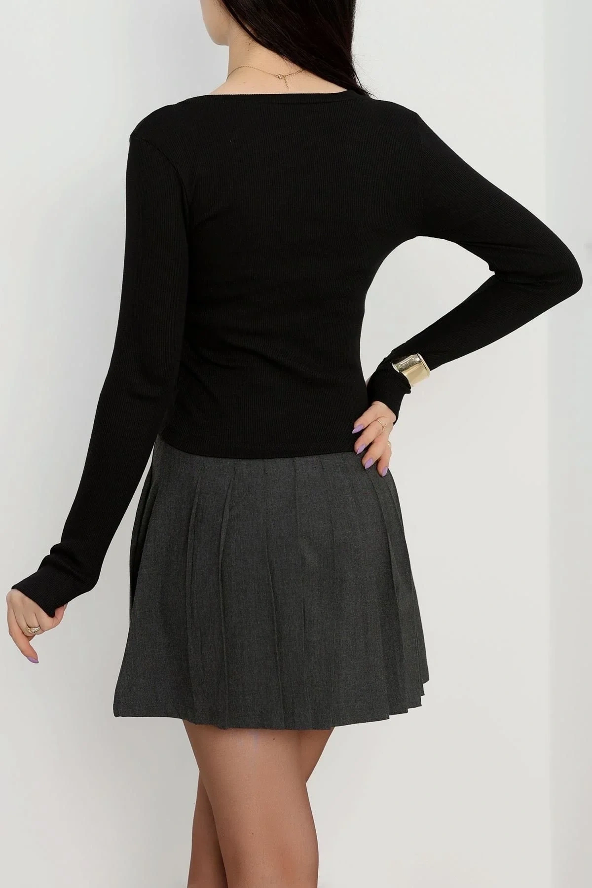 Bisiklet Yaka Parmak Geçmeli Kaşkorse bluz siyah