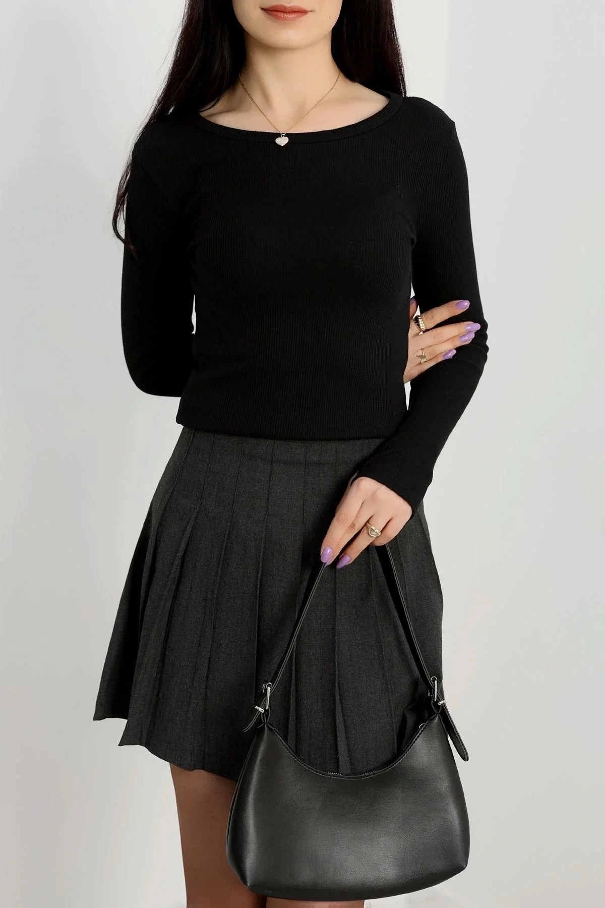 Bisiklet Yaka Parmak Geçmeli Kaşkorse bluz siyah