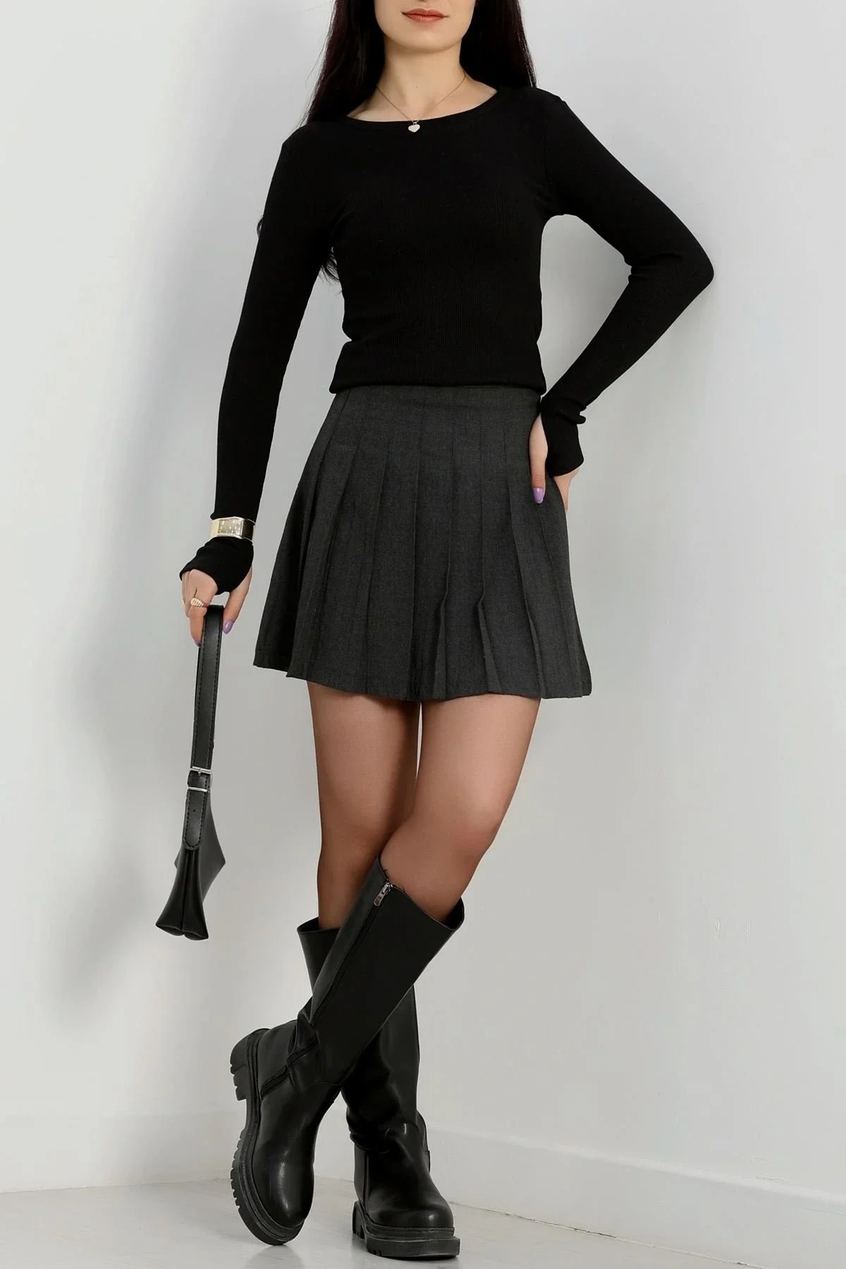 Bisiklet Yaka Parmak Geçmeli Kaşkorse bluz siyah