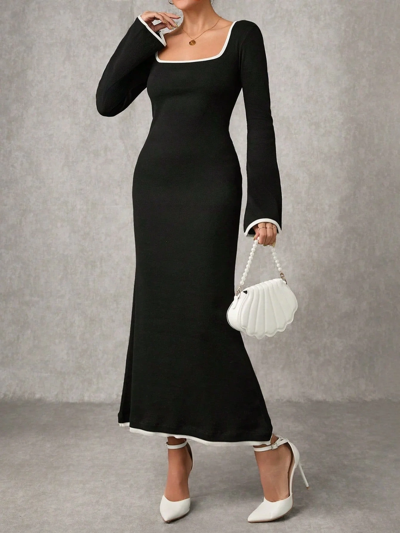 Biyeli uzun elbise siyah