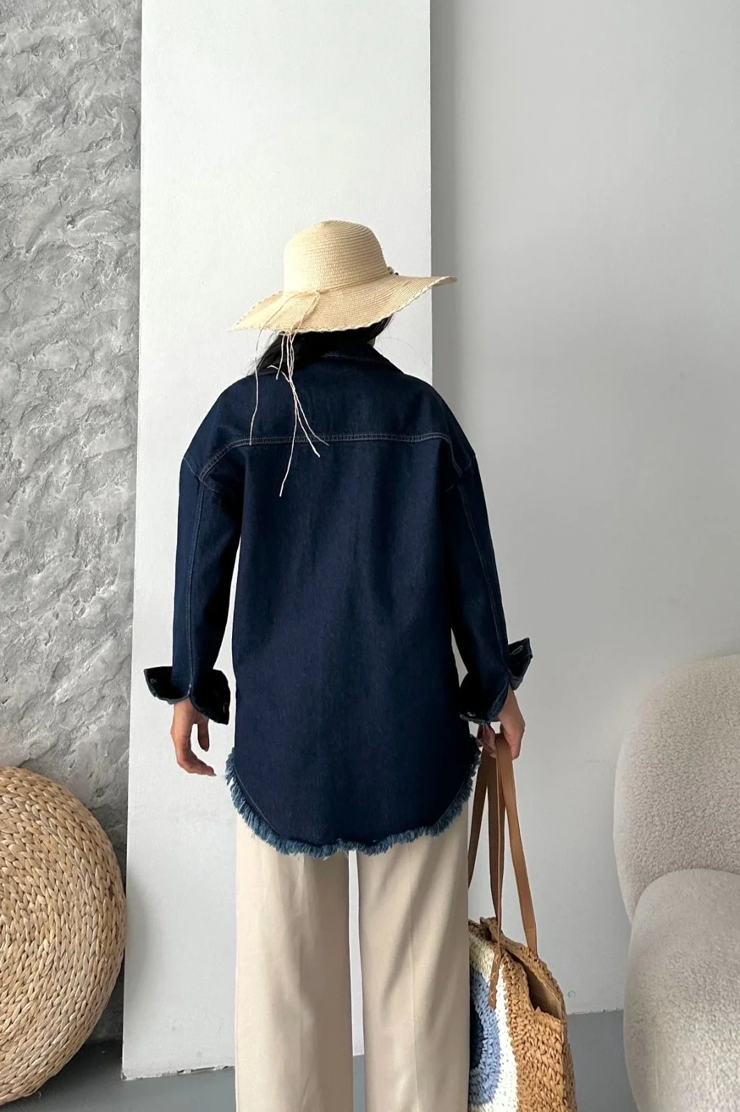 Cepli püsküllü kar yıkama kot ceket koyu mavi