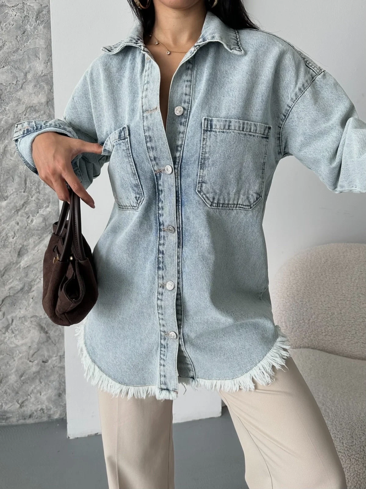 Cepli püsküllü kar yıkama kot ceket mavi