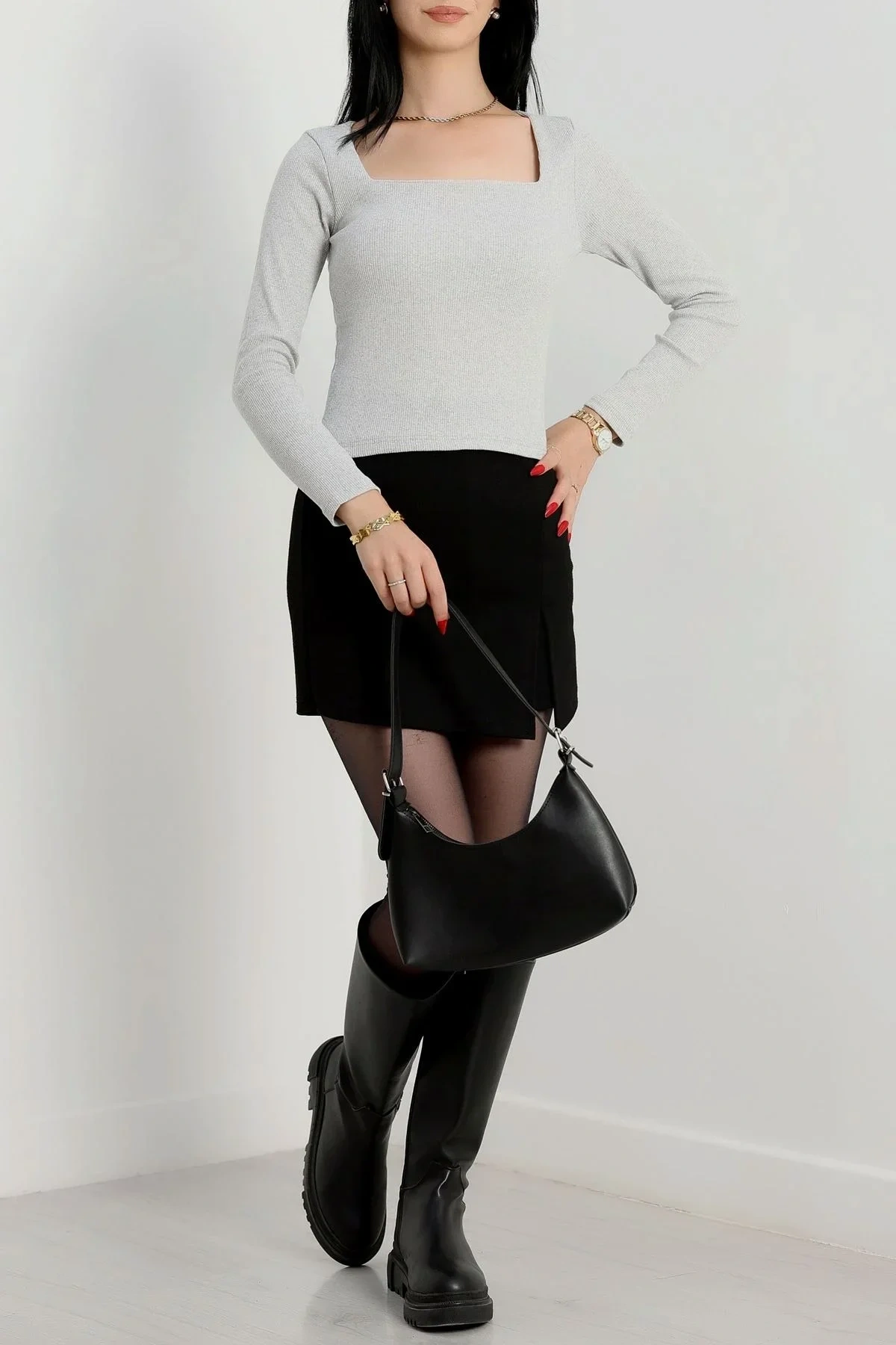 Çerçeve yaka kaşkorse bluz gri