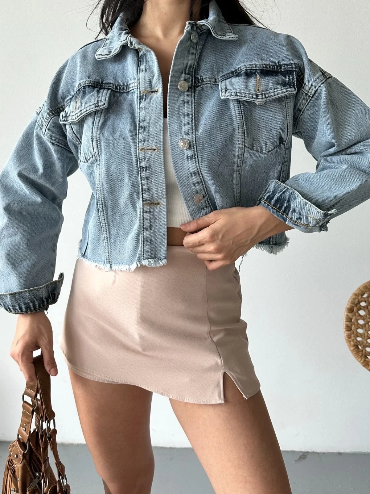 Çift kapaklı püsküllü crop buz mavi