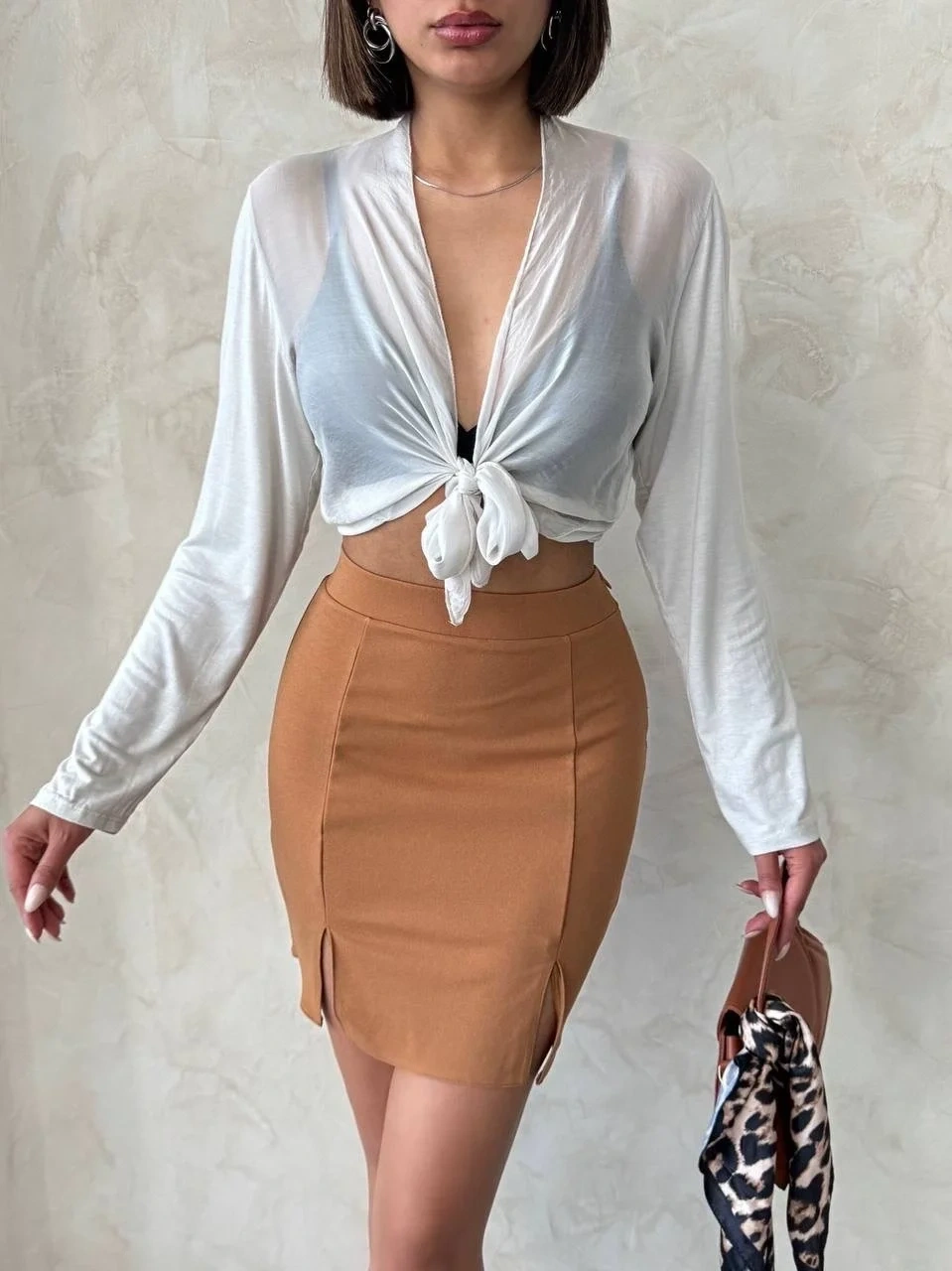 Çift yırtmaçlı etek camel s25910