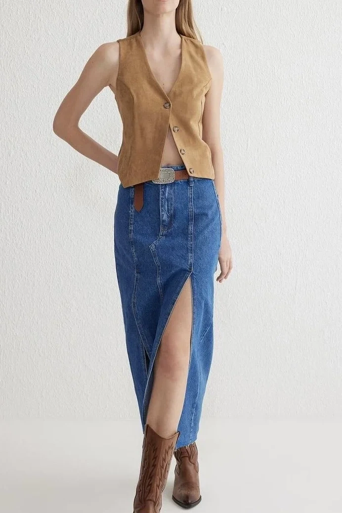 Çift yırtmaçlı jean etek s140