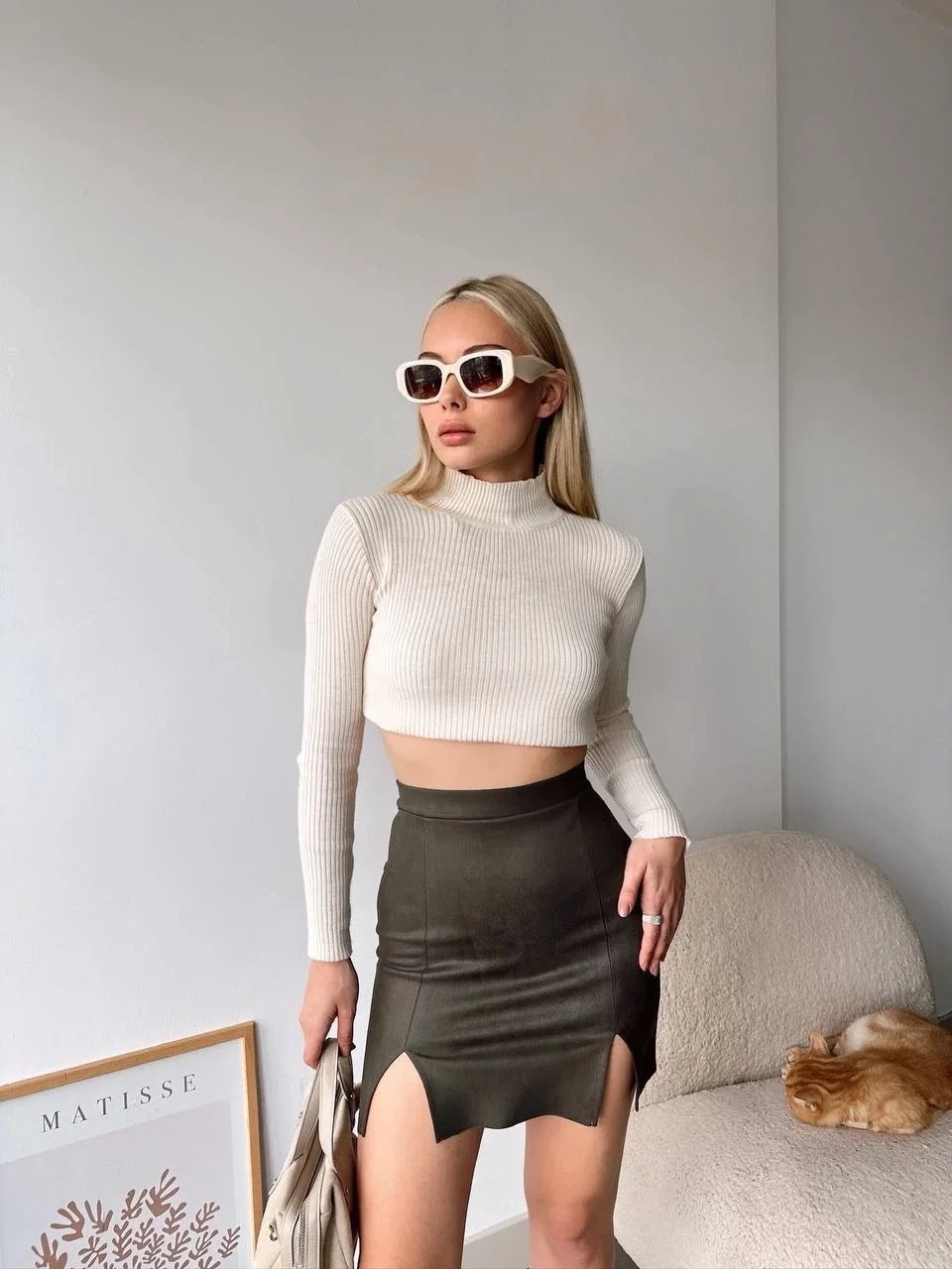 Çift yurtmaçlı süet etek haki