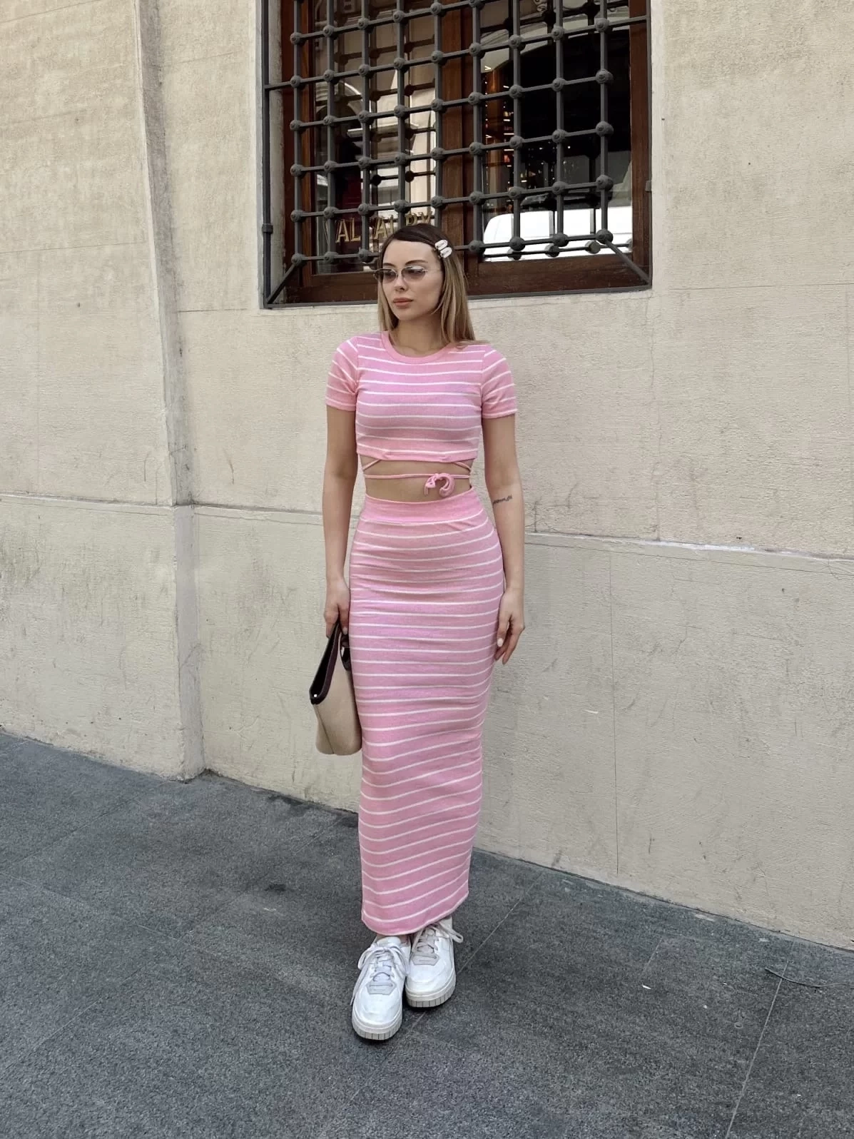 Çizgili etekli takım pembe s3609