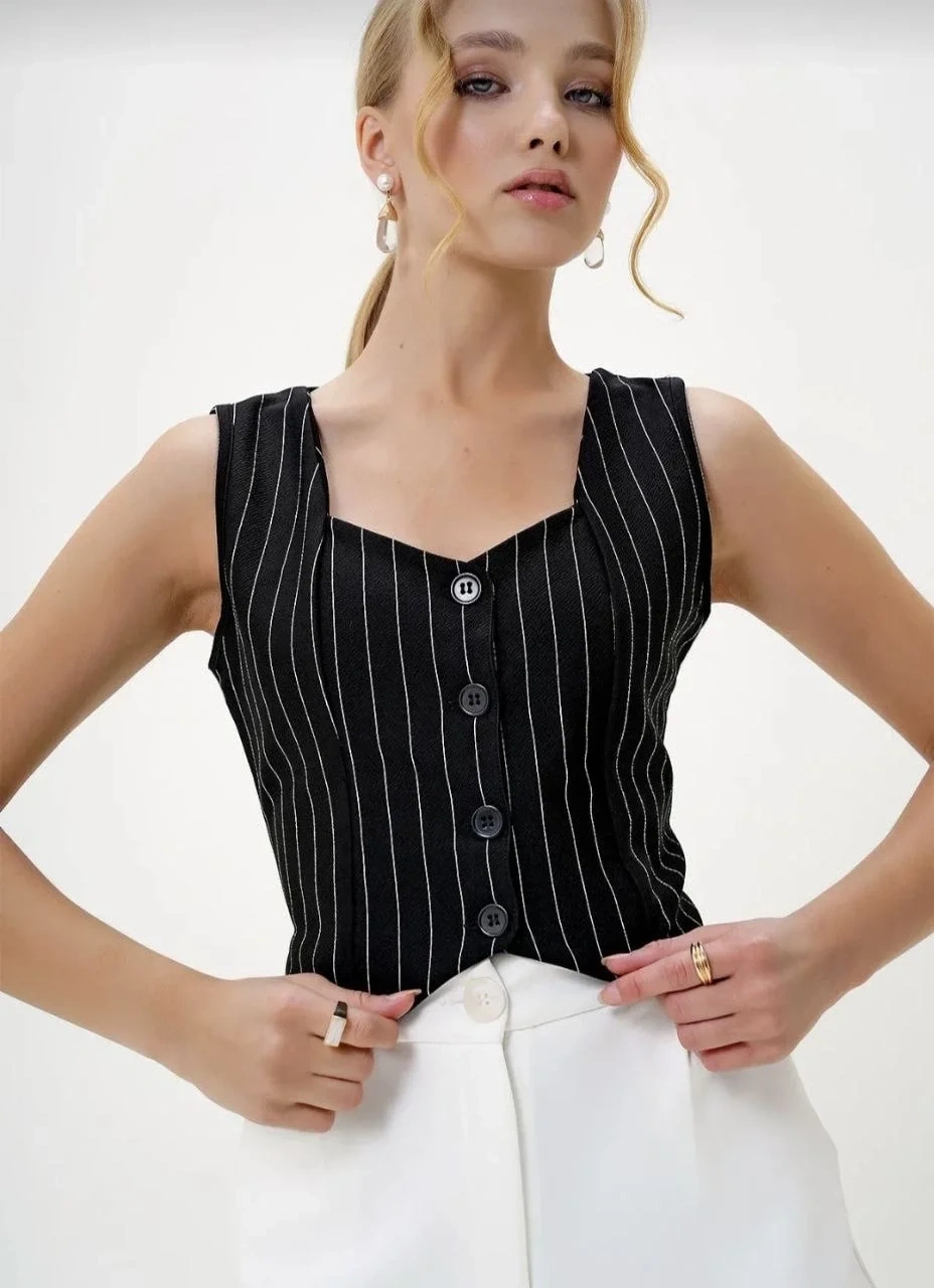 Çizgili krep düğmeli yelek siyah s3395
