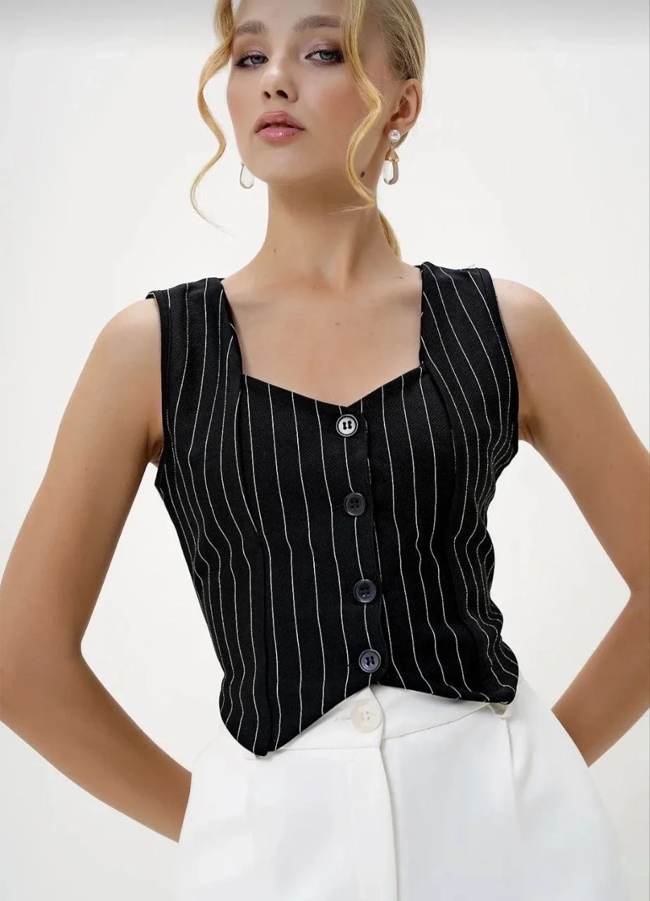 Çizgili krep düğmeli yelek siyah s3395
