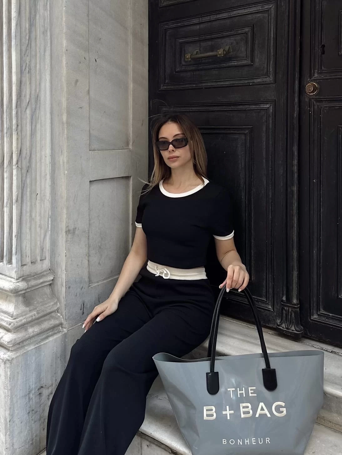 Crop pantolon biyeli takım siyah