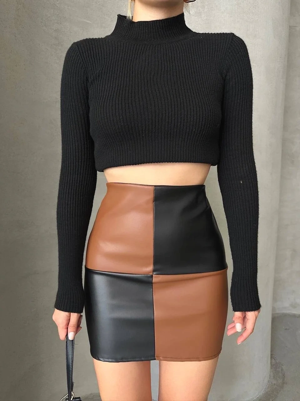 Damalı deri etek siyah kahve w24648