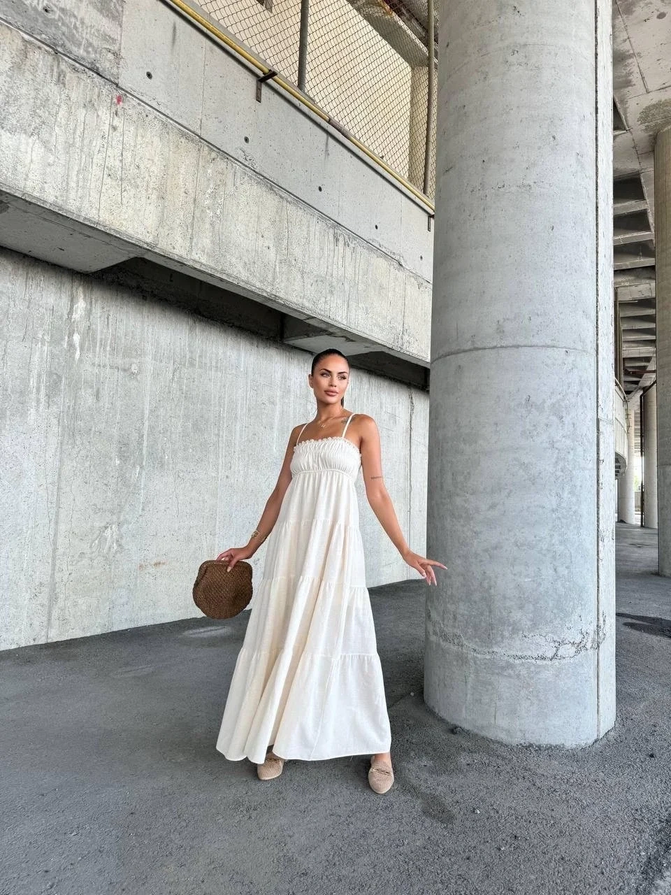 Dantelli askılı keten elbise s4310