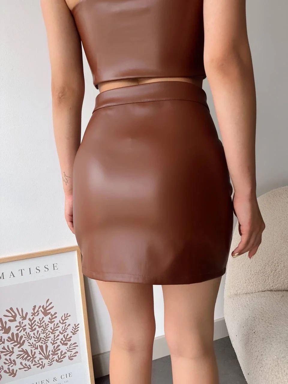 Dantelli fermuarlı deri etek kahve