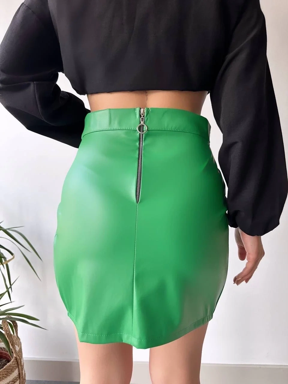 Dantelli fermuarlı deri etek yeşil w24598