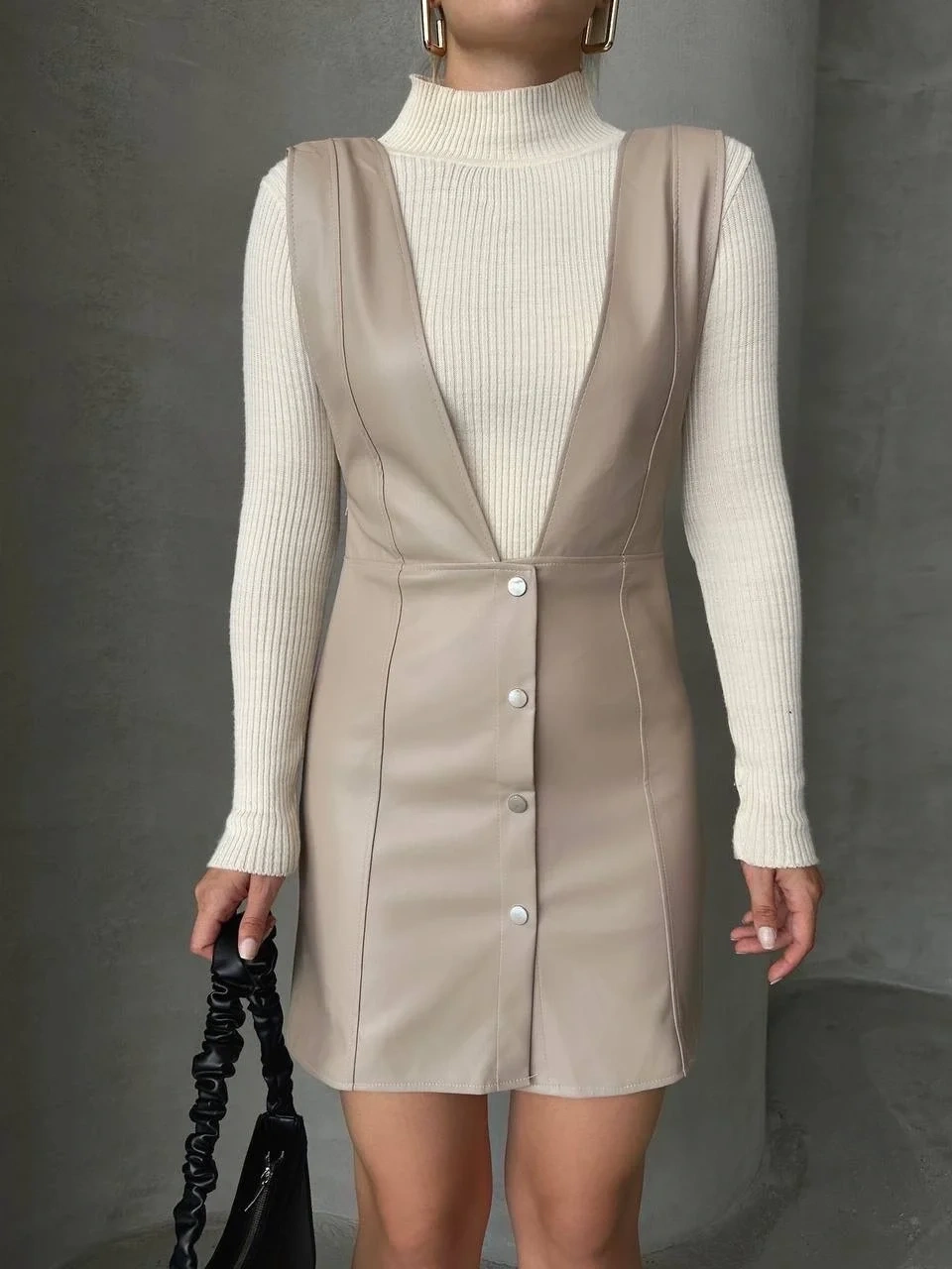 Deri jile elbise bej w24796