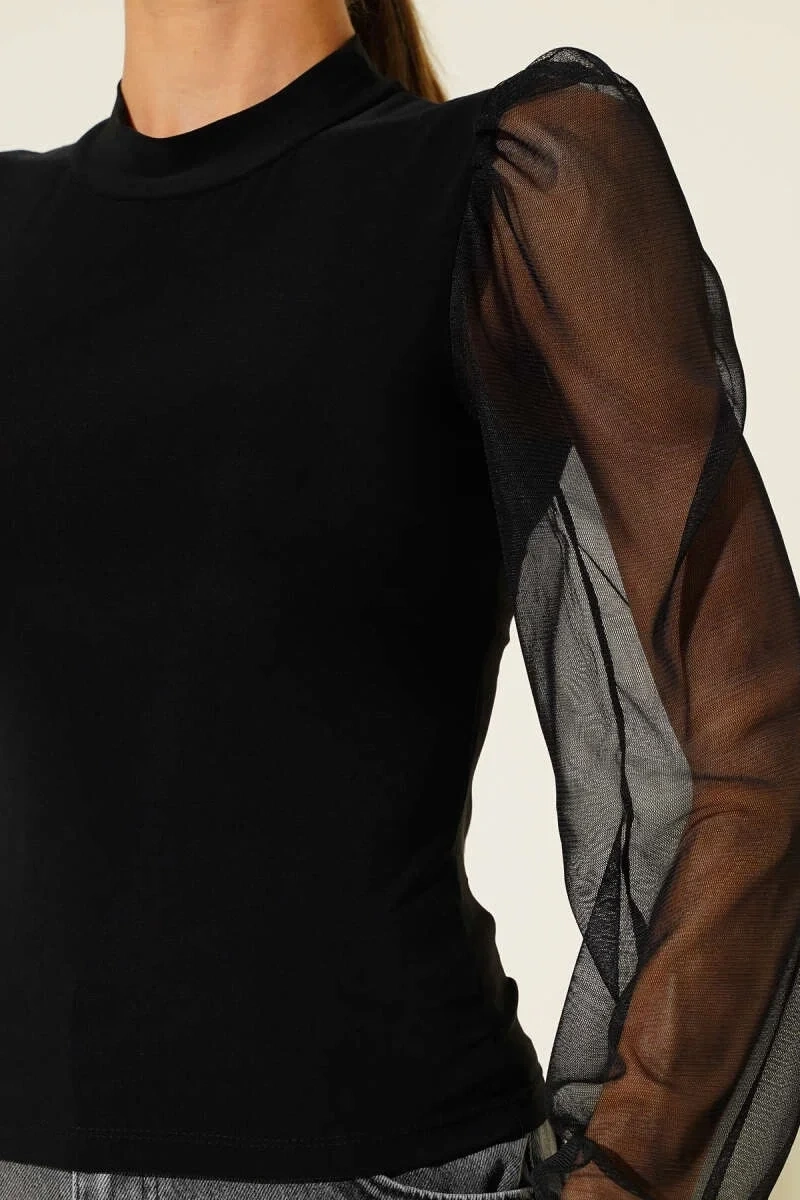 Dik yaka tül kollu bluz siyah