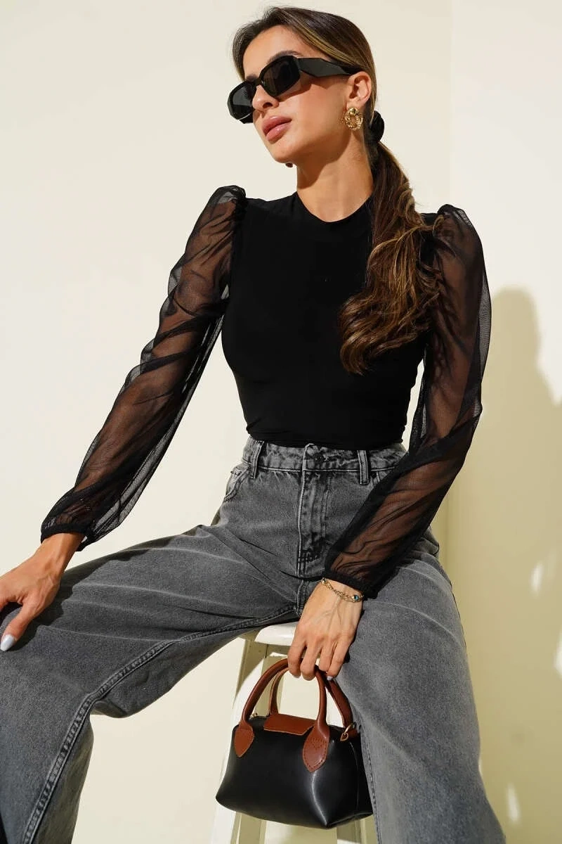 Dik yaka tül kollu bluz siyah