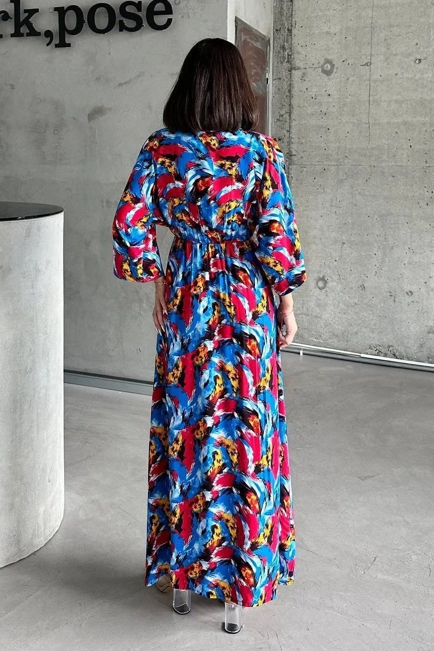 Dokuma baskılı yarasa kol elbise s8124