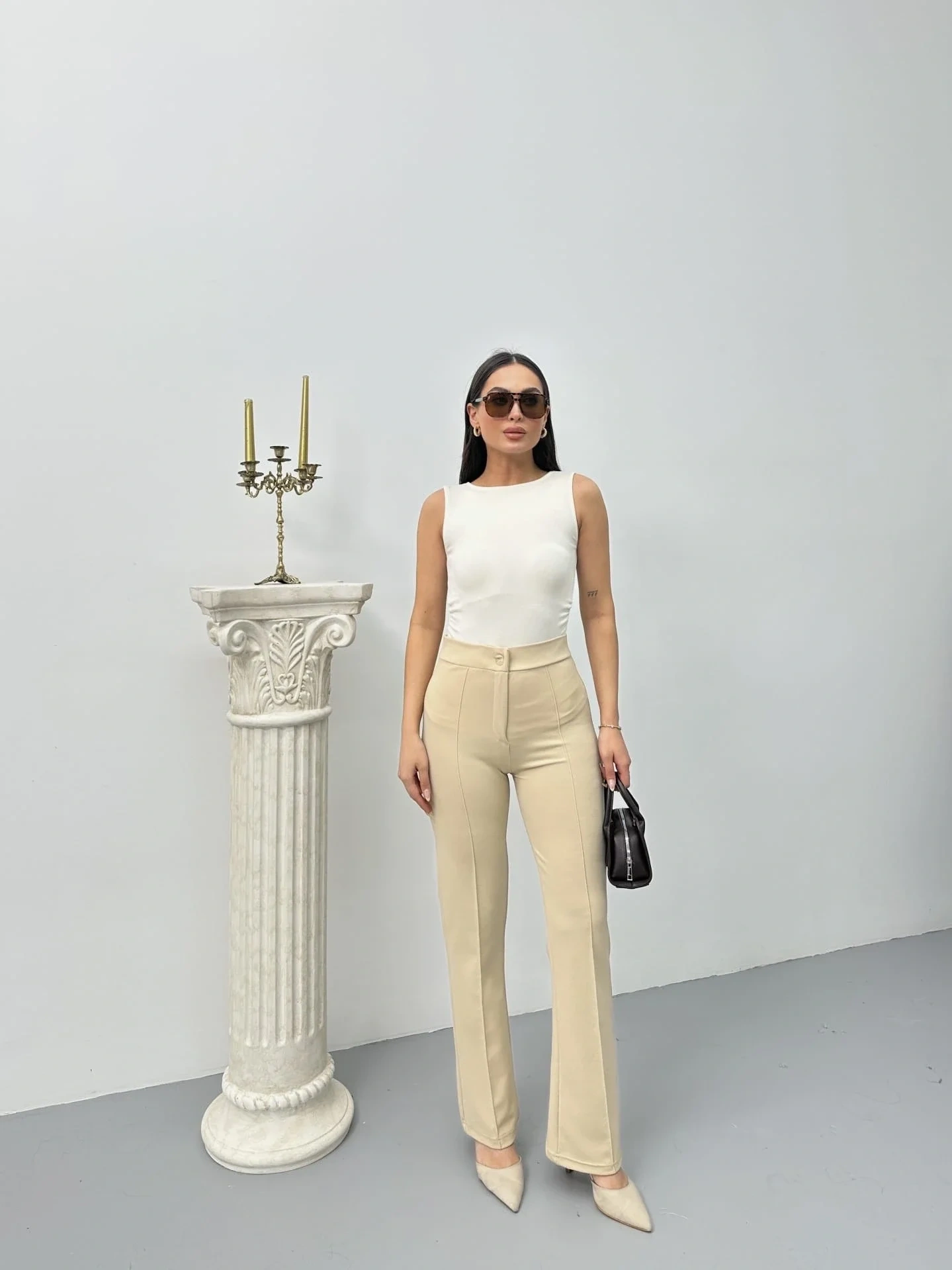Düğmeli Palazzo pantolon bej p170091