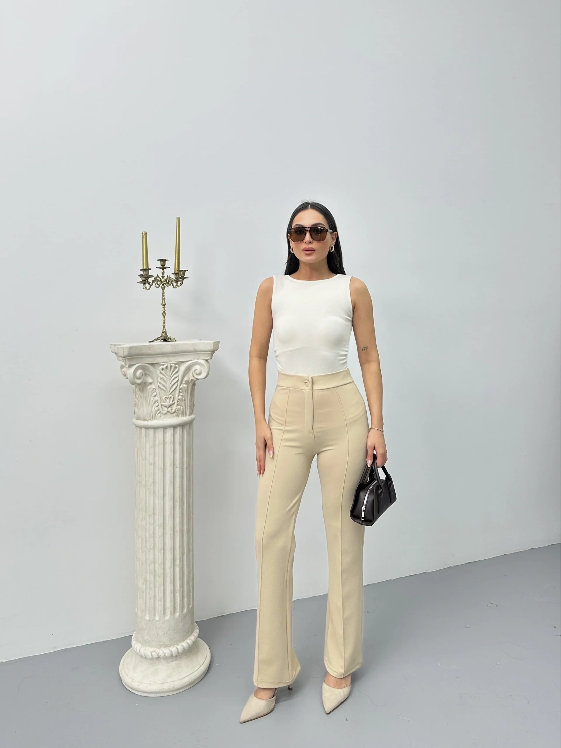 Düğmeli Palazzo pantolon bej p170091