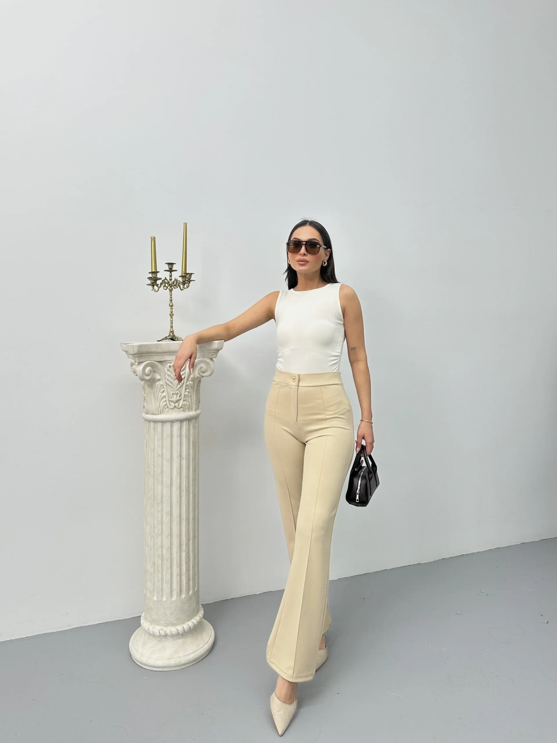 Düğmeli Palazzo pantolon bej p170091