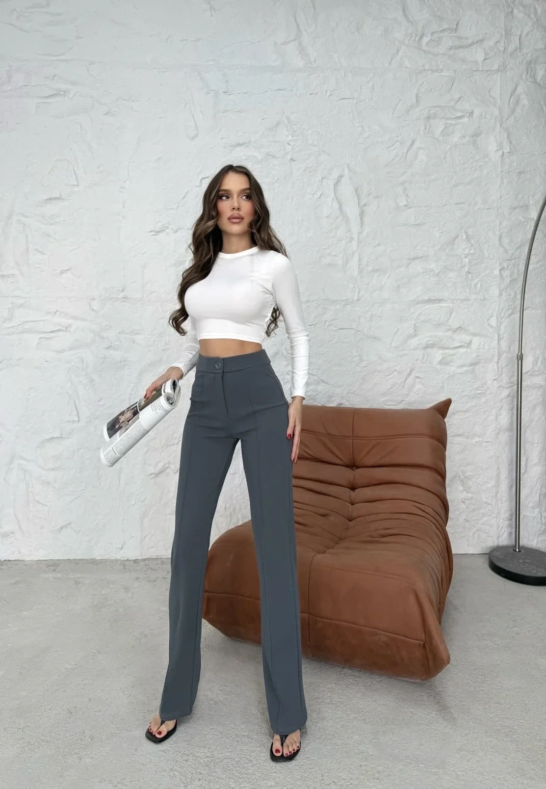 Düğmeli Palazzo pantolon füme p170091