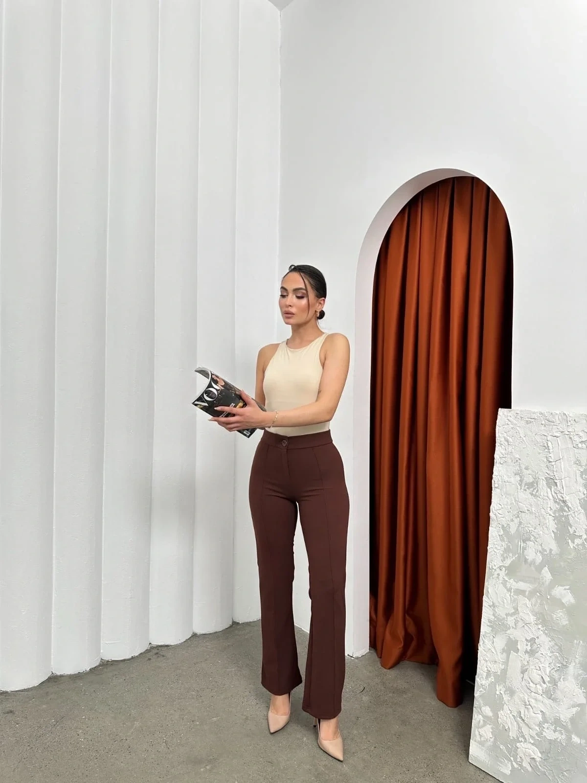 Düğmeli Palazzo pantolon kahve p170091