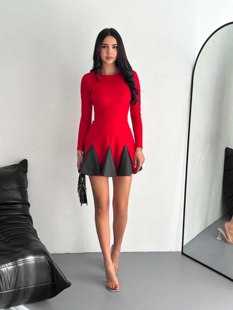 Eteği kloş crep mini elbise s1267