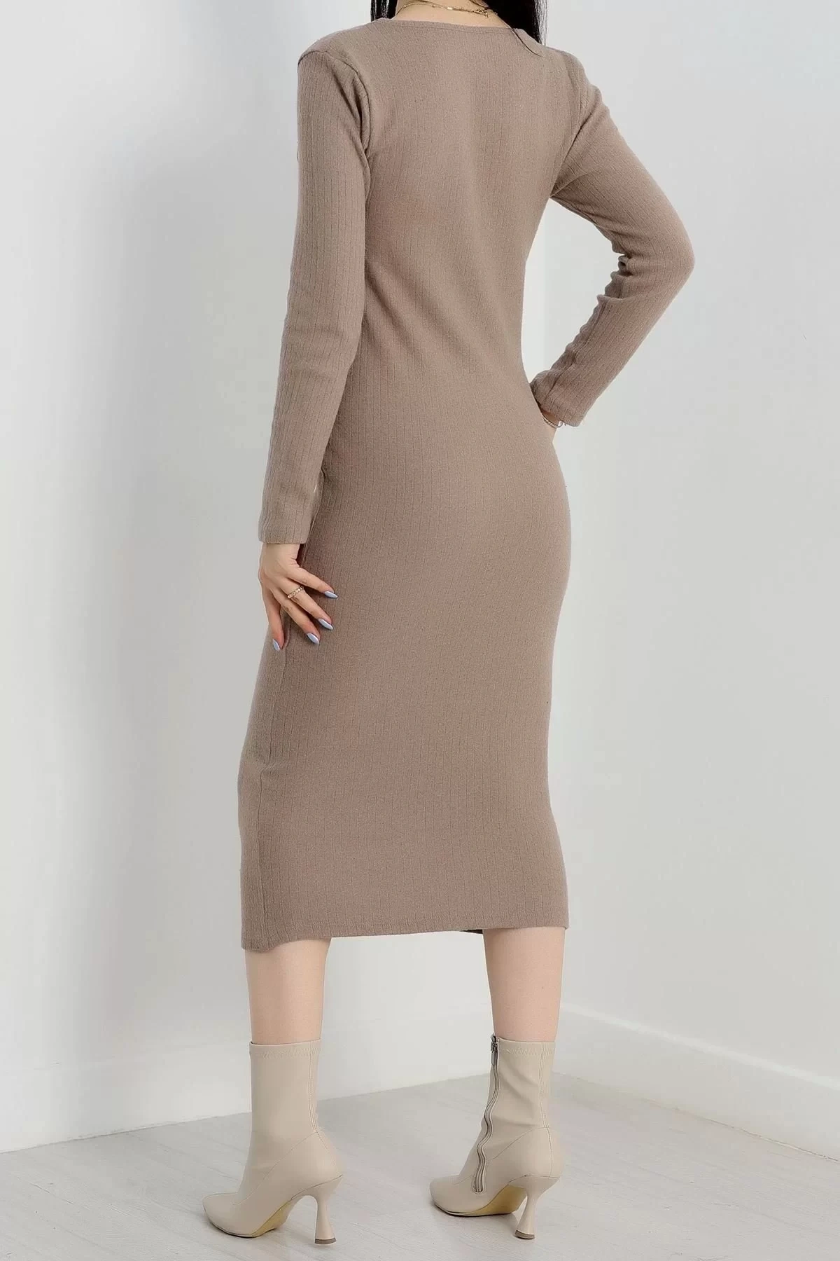 Fermuar detaylı fitilli şardonlu elbise bej a3178